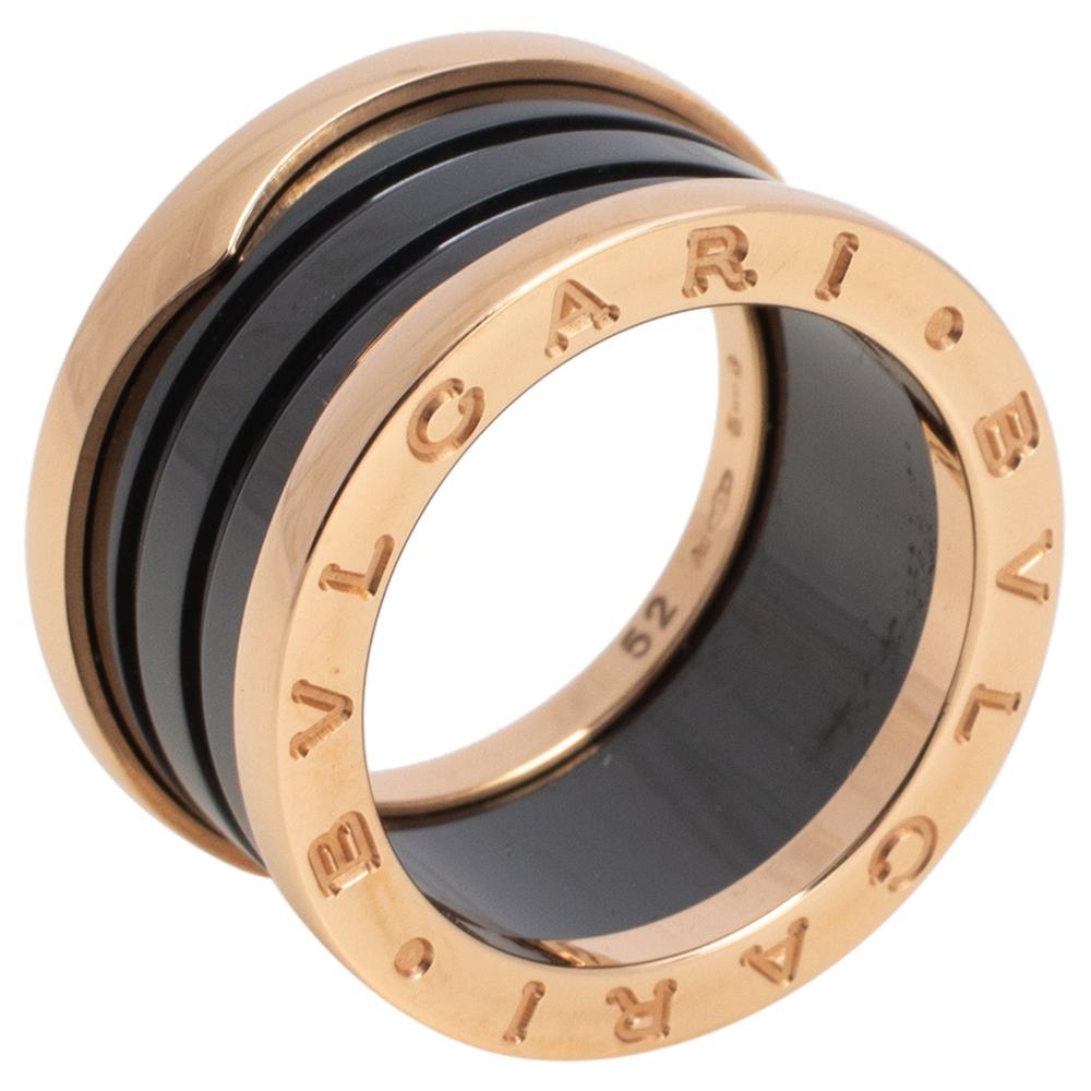 Bvlgari B.Zero1 4-Band Black Ceramic 18K Rose Gold Band Ring Size 52 In Good Condition In Dubai, Al Qouz 2