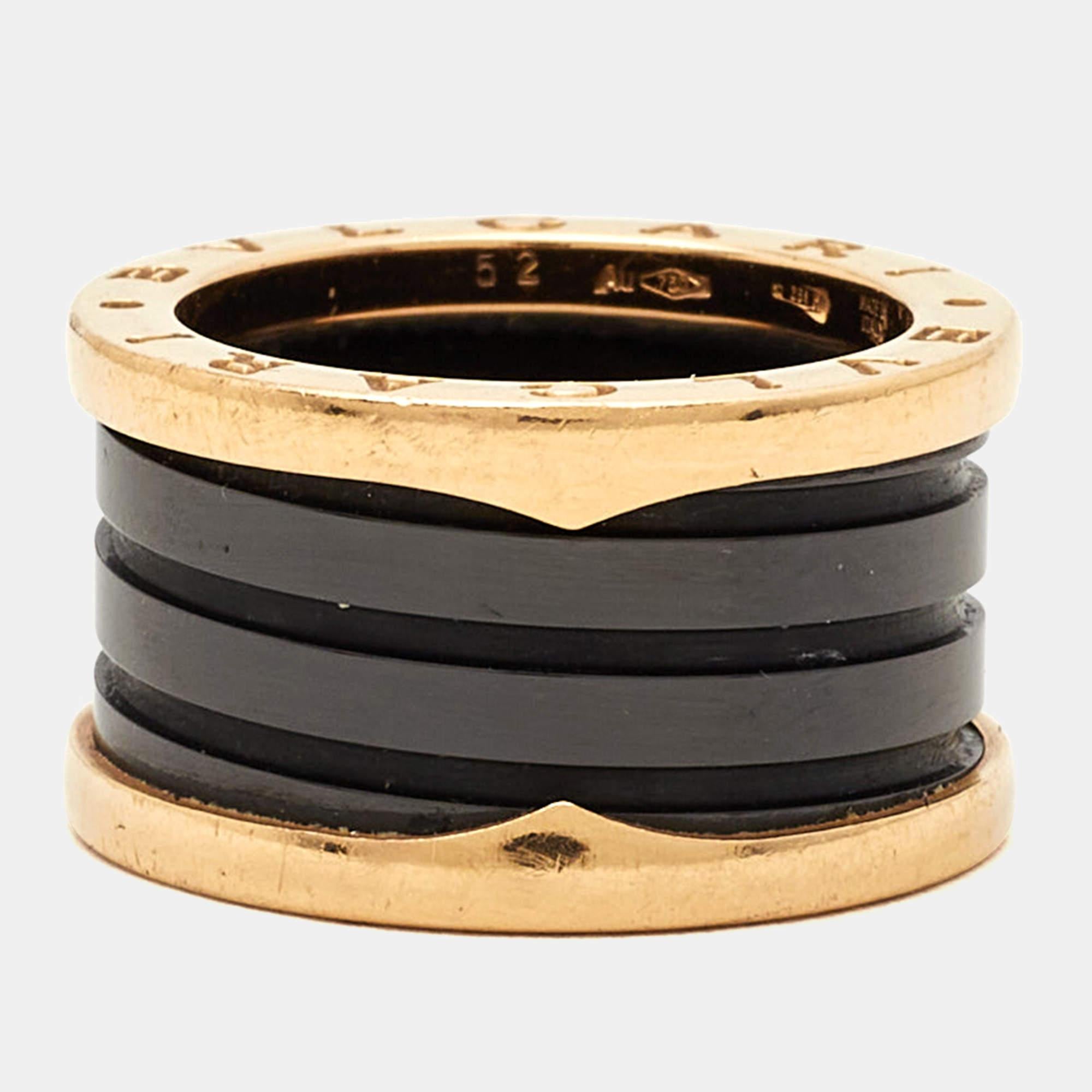 Women's Bvlgari B.Zero1 4-Band Ceramic 18k Rose Gold Ring Size 52 For Sale
