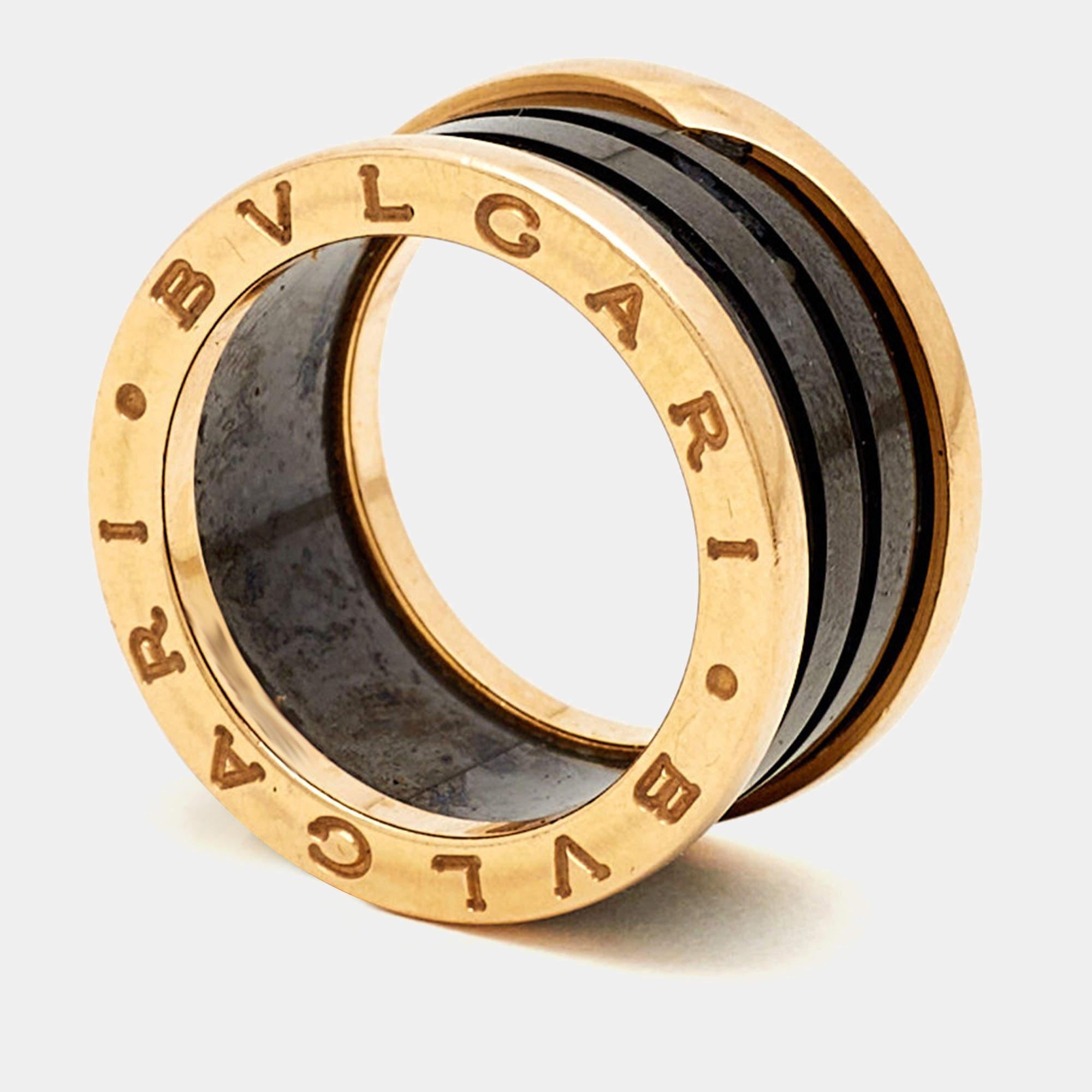 Women's Bvlgari B.Zero1 4-Band Ceramic 18k Rose Gold Ring Size 52 For Sale