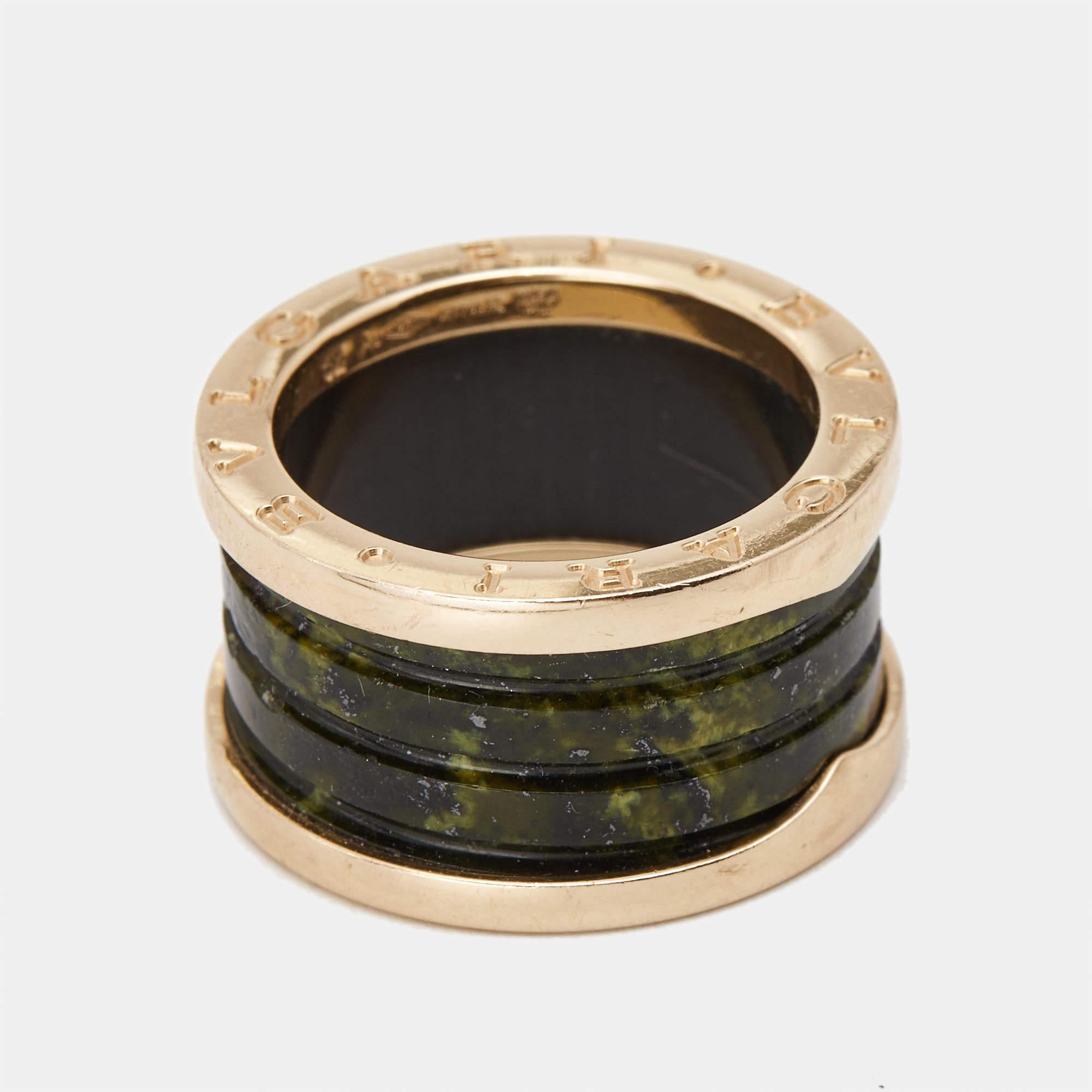 Bvlgari B.Zero1 4-Band Green Marble 18k Rose Gold Ring Size 52 In Fair Condition For Sale In Dubai, Al Qouz 2