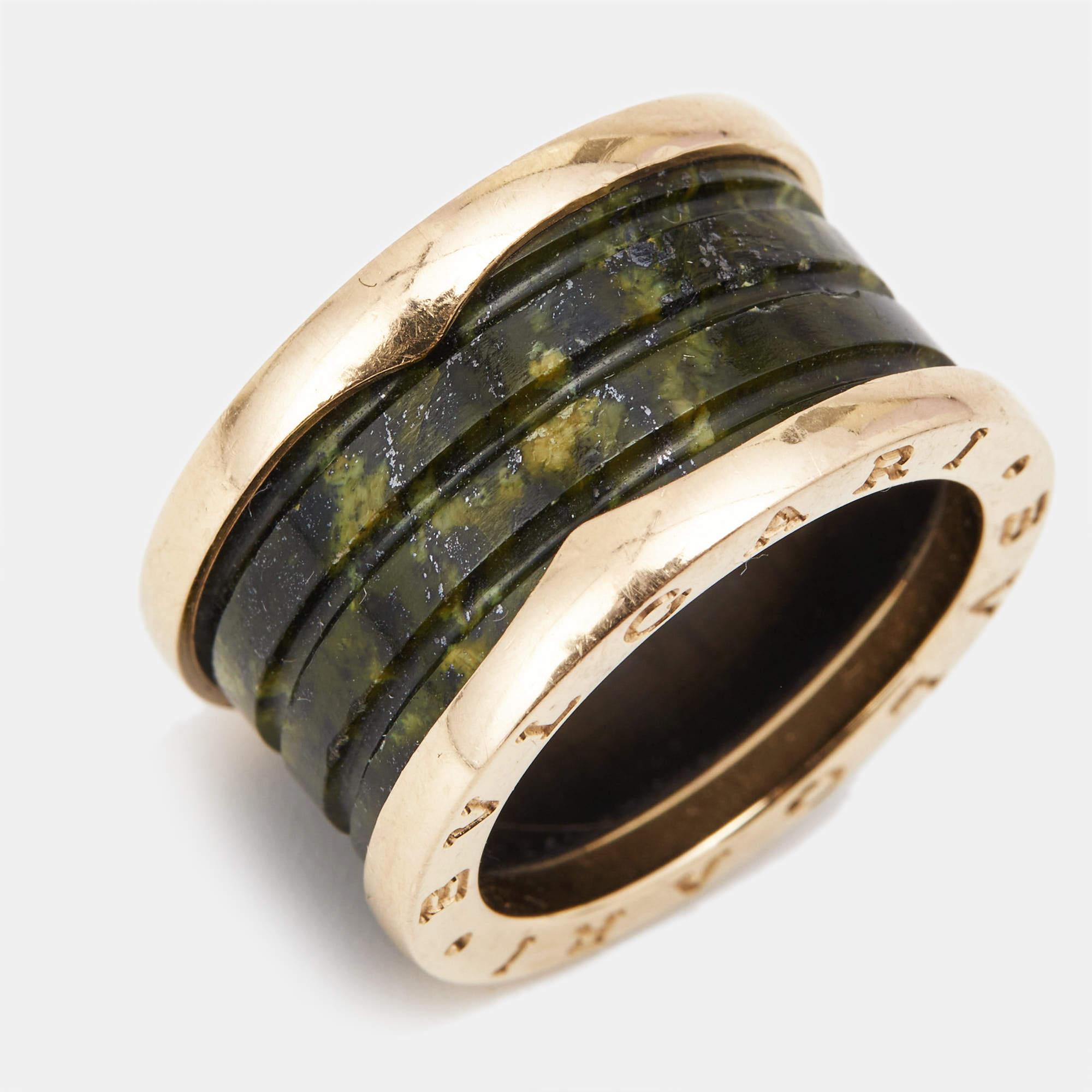 Bvlgari B.Zero1 4-Band Green Marble 18k Rose Gold Ring Size 52 For Sale 2