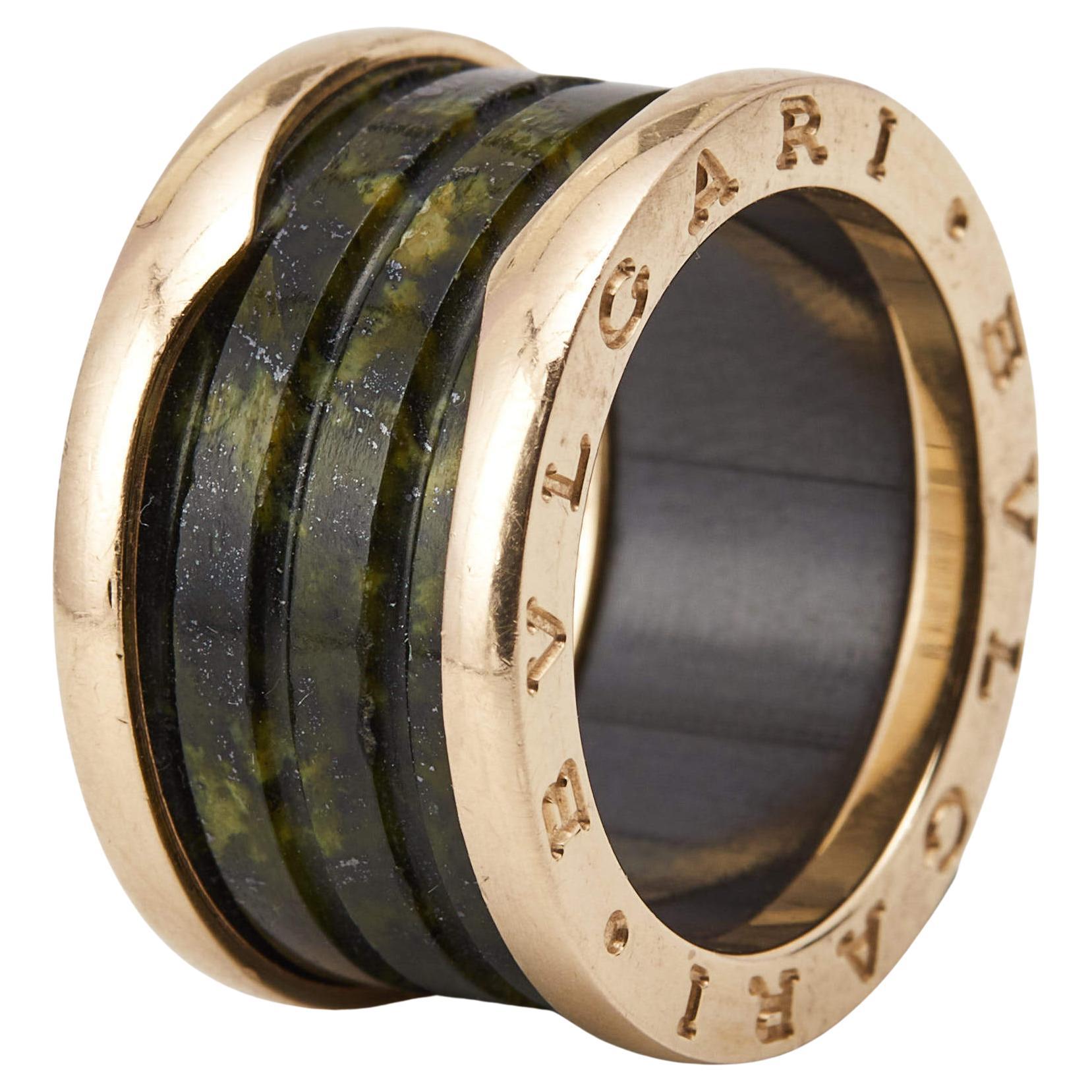Bvlgari B.Zero1 4-Band Green Marble 18k Rose Gold Ring Size 52
