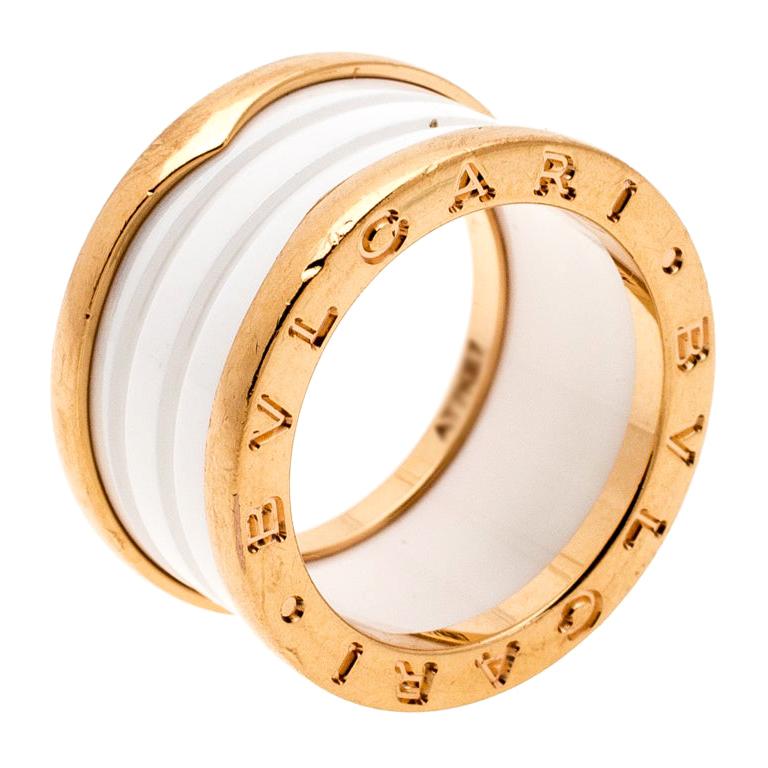 Bvlgari B.Zero1 4 Band White Ceramic 18k Rose Gold Ring Size 52