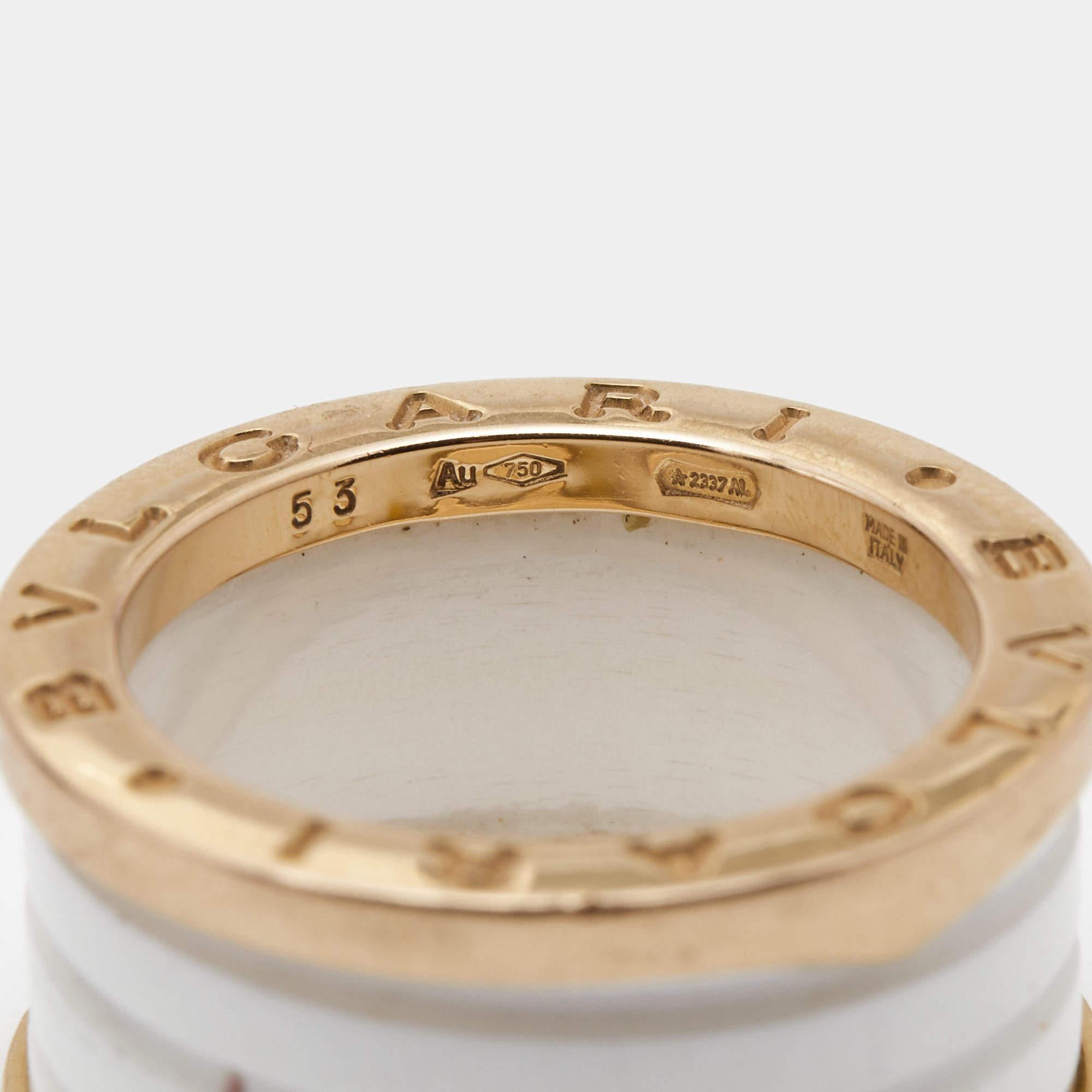 Contemporary Bvlgari B.Zero1 4-Band White Ceramic 18k Rose Gold Ring Size 53 For Sale
