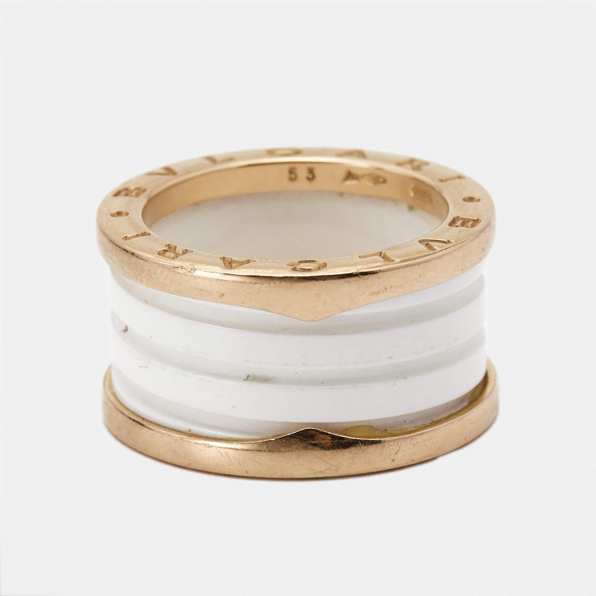 Bvlgari B.Zero1 4-Band White Ceramic 18k Rose Gold Ring Size 53 In Good Condition For Sale In Dubai, Al Qouz 2