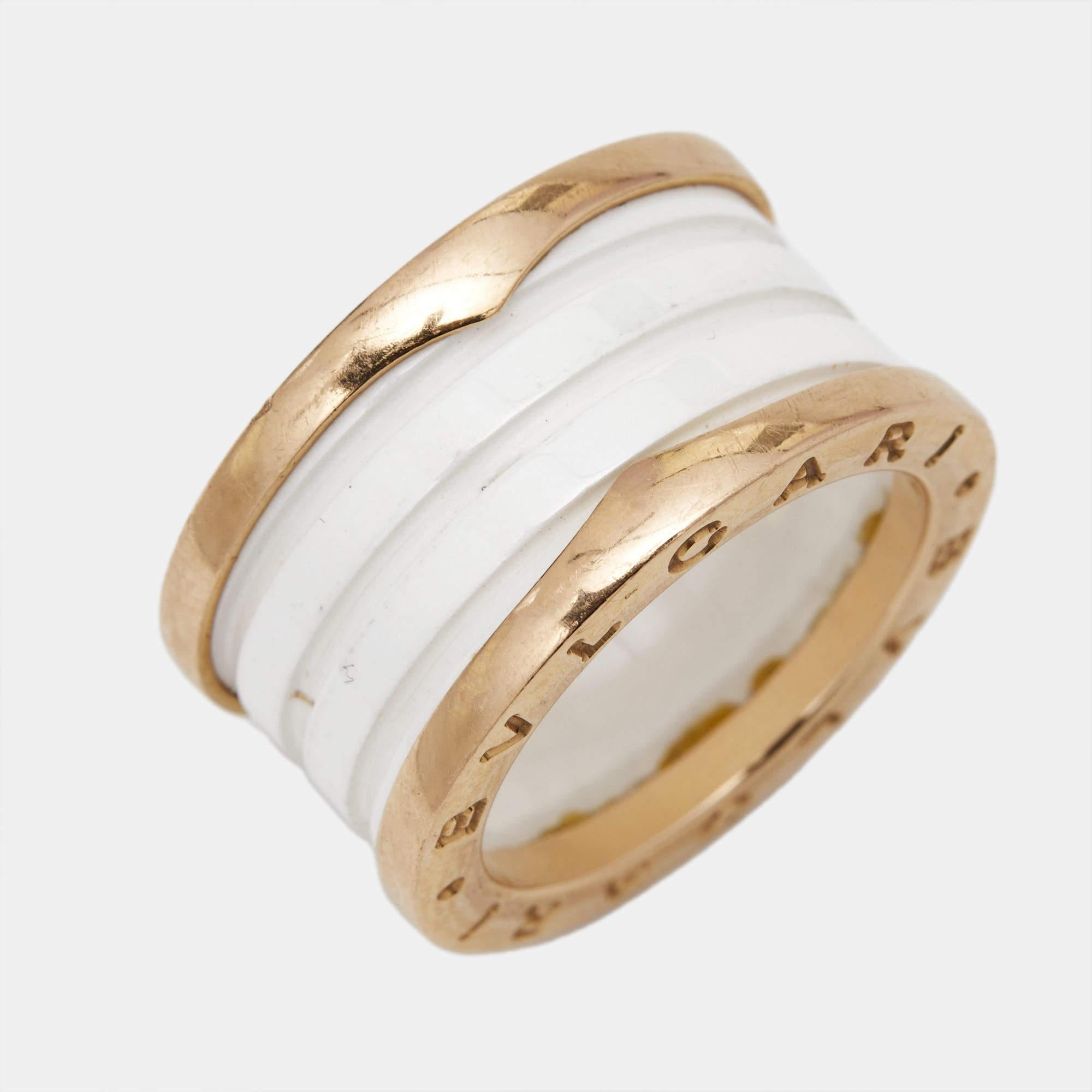 Women's Bvlgari B.Zero1 4-Band White Ceramic 18k Rose Gold Ring Size 53 For Sale