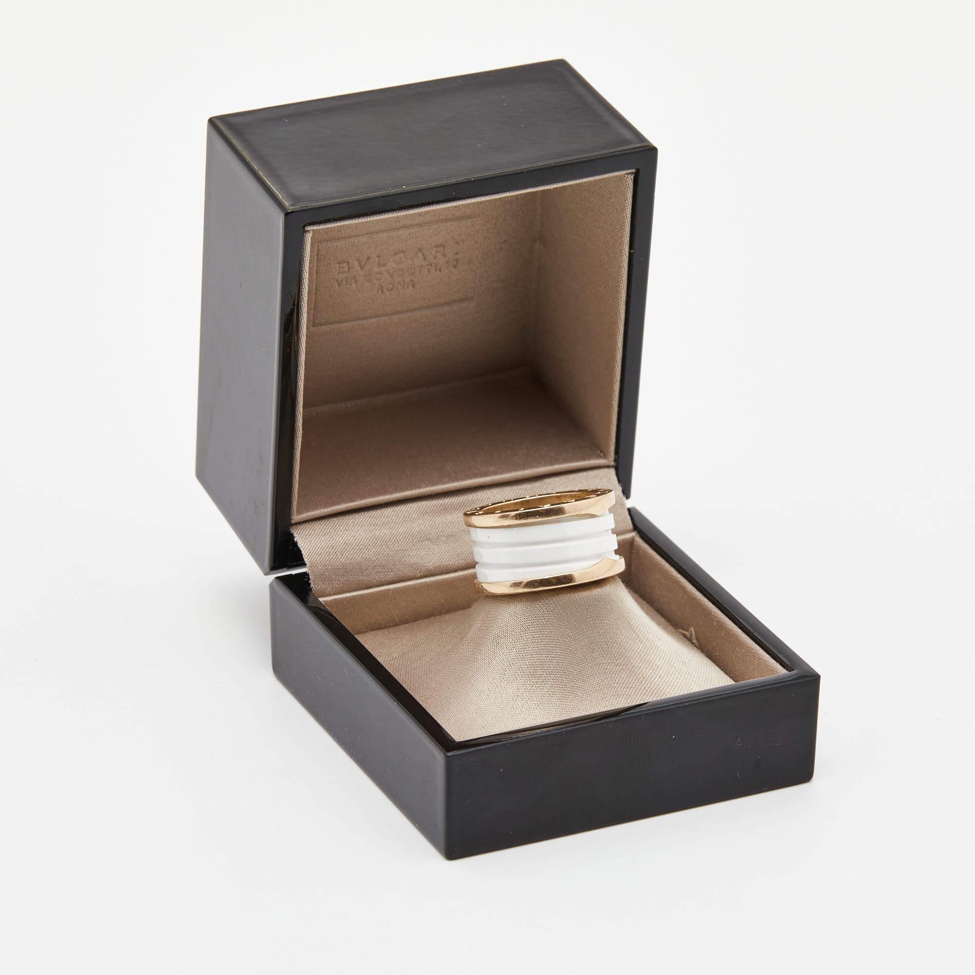 Bvlgari B.Zero1 4-Band White Ceramic 18k Rose Gold Ring Size 53 For Sale 2