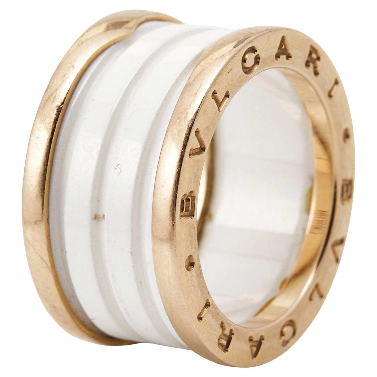 Bvlgari B.Zero1 4-Band White Ceramic 18k Rose Gold Ring Size 53 For Sale