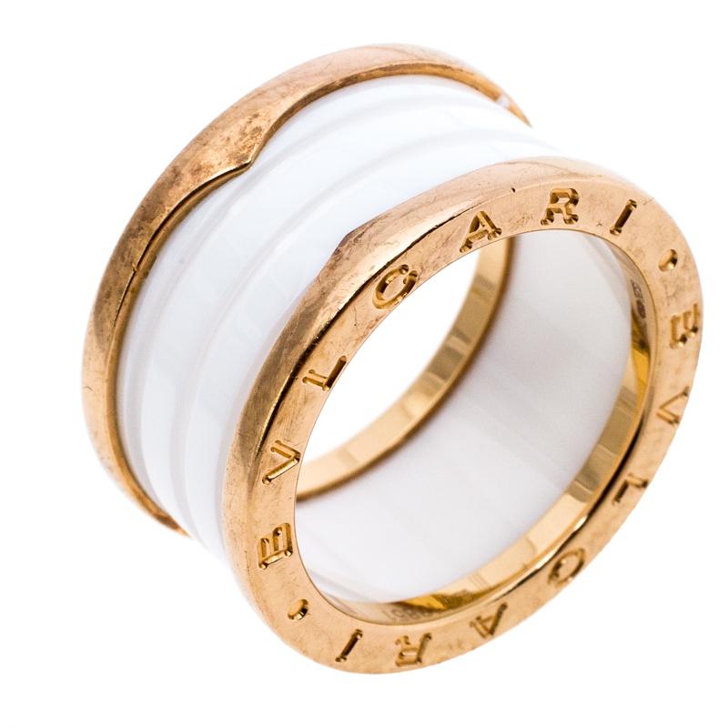 Contemporary Bvlgari B.Zero1 4 Band White Ceramic 18k Rose Gold Ring Size 56