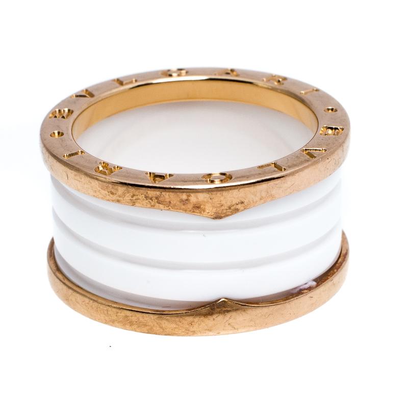 Bvlgari B.Zero1 4 Band White Ceramic 18k Rose Gold Ring Size 56 In Good Condition In Dubai, Al Qouz 2