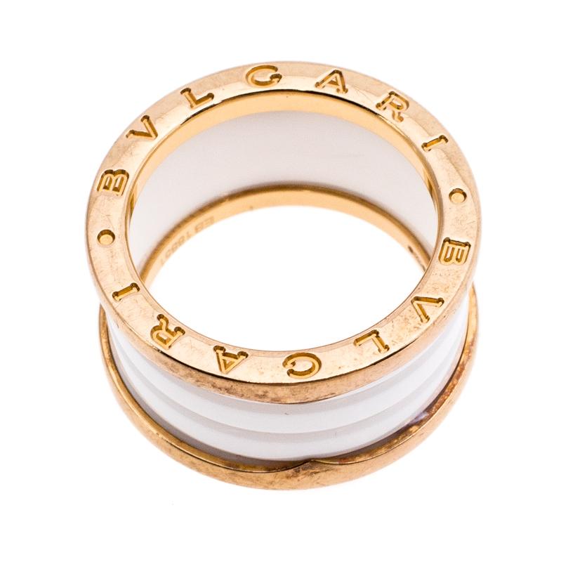 Women's Bvlgari B.Zero1 4 Band White Ceramic 18k Rose Gold Ring Size 56