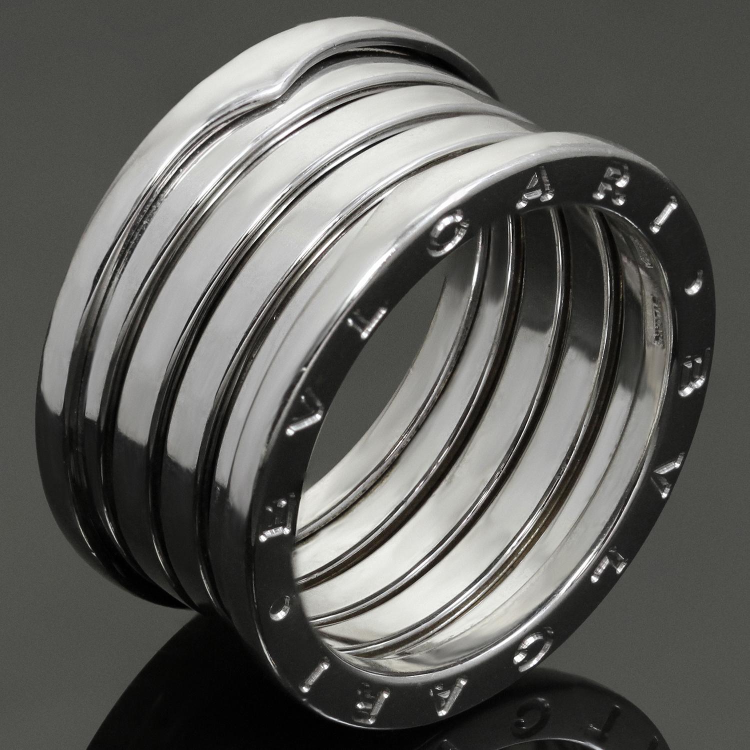 This unisex ring from Bulgari's iconic B.zero1 collection is crafted in 18k white gold and features a 5-band design engraved with the Bvlgari logo on both sides. Made in Italy circa 2010s. Measurements: 0.51