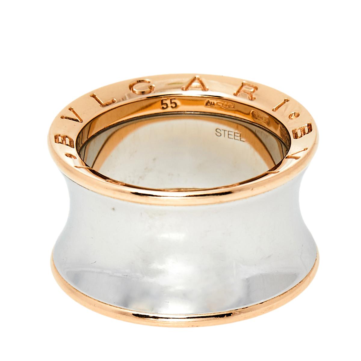 The iconic B.Zero1 ring is updated by Anish Kapoor, replacing the spirals with a defined, hourglass silhouette. The B.Zero1 ring is cast in stainless steel and the edges are secured by 18k rose gold set with signature engravings.

