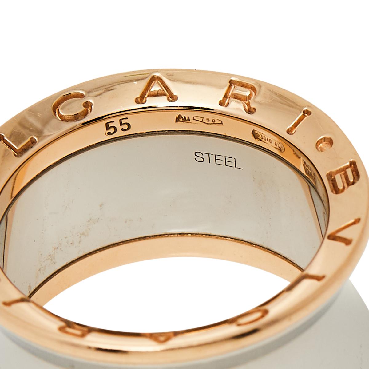 Contemporary Bvlgari B.Zero1 Anish Kapoor 18K Rose Gold & Steel Band Ring Size 55