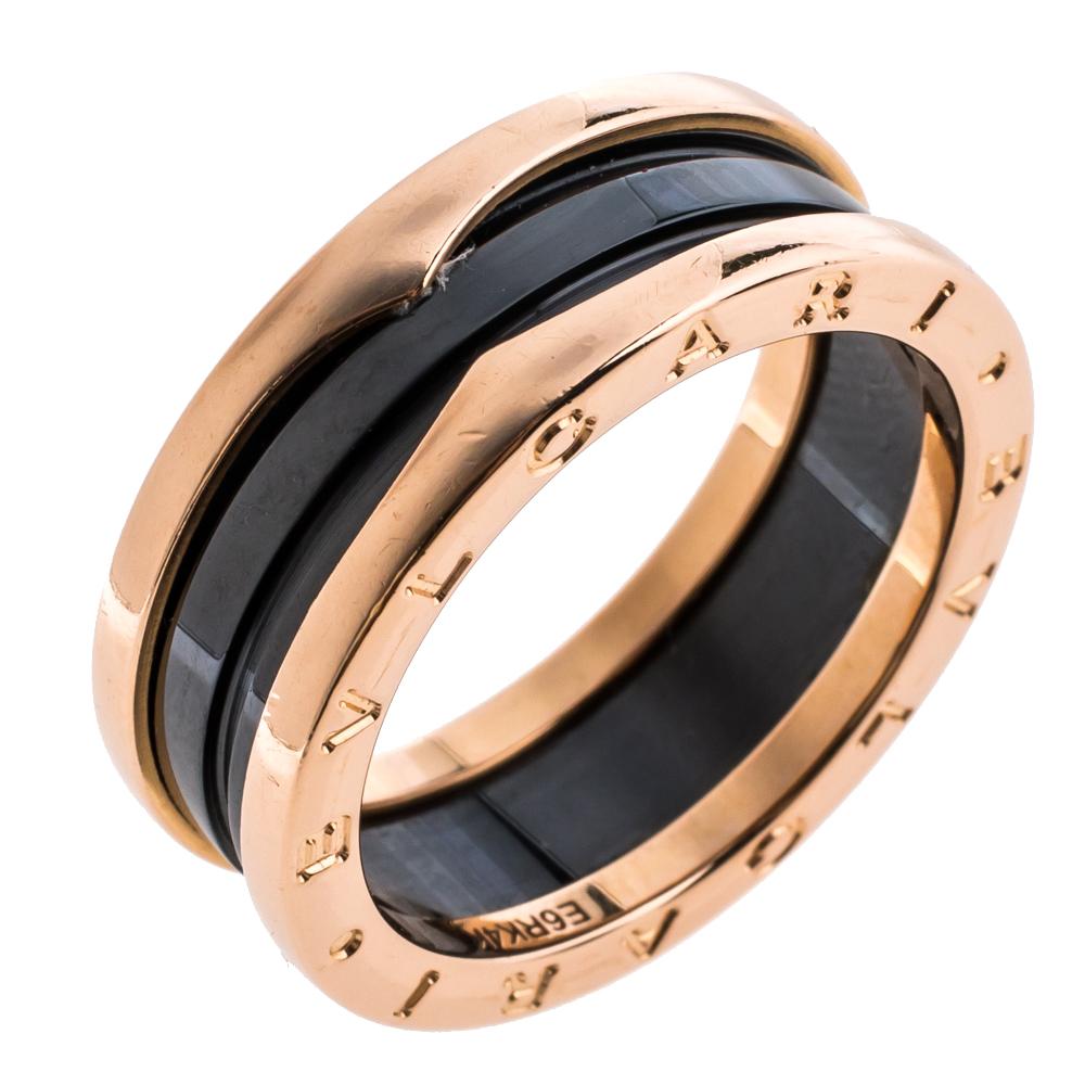 Contemporary Bvlgari B.Zero1 Black Ceramic 18K Rose Gold 2-Band Ring Size 62 