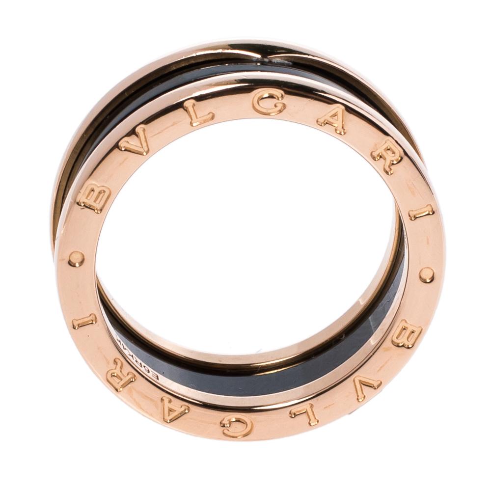 Bvlgari B.Zero1 Black Ceramic 18K Rose Gold 2-Band Ring Size 62  In Good Condition In Dubai, Al Qouz 2