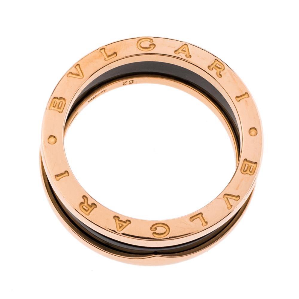 Women's Bvlgari B.Zero1 Black Ceramic 18K Rose Gold 2-Band Ring Size 62 