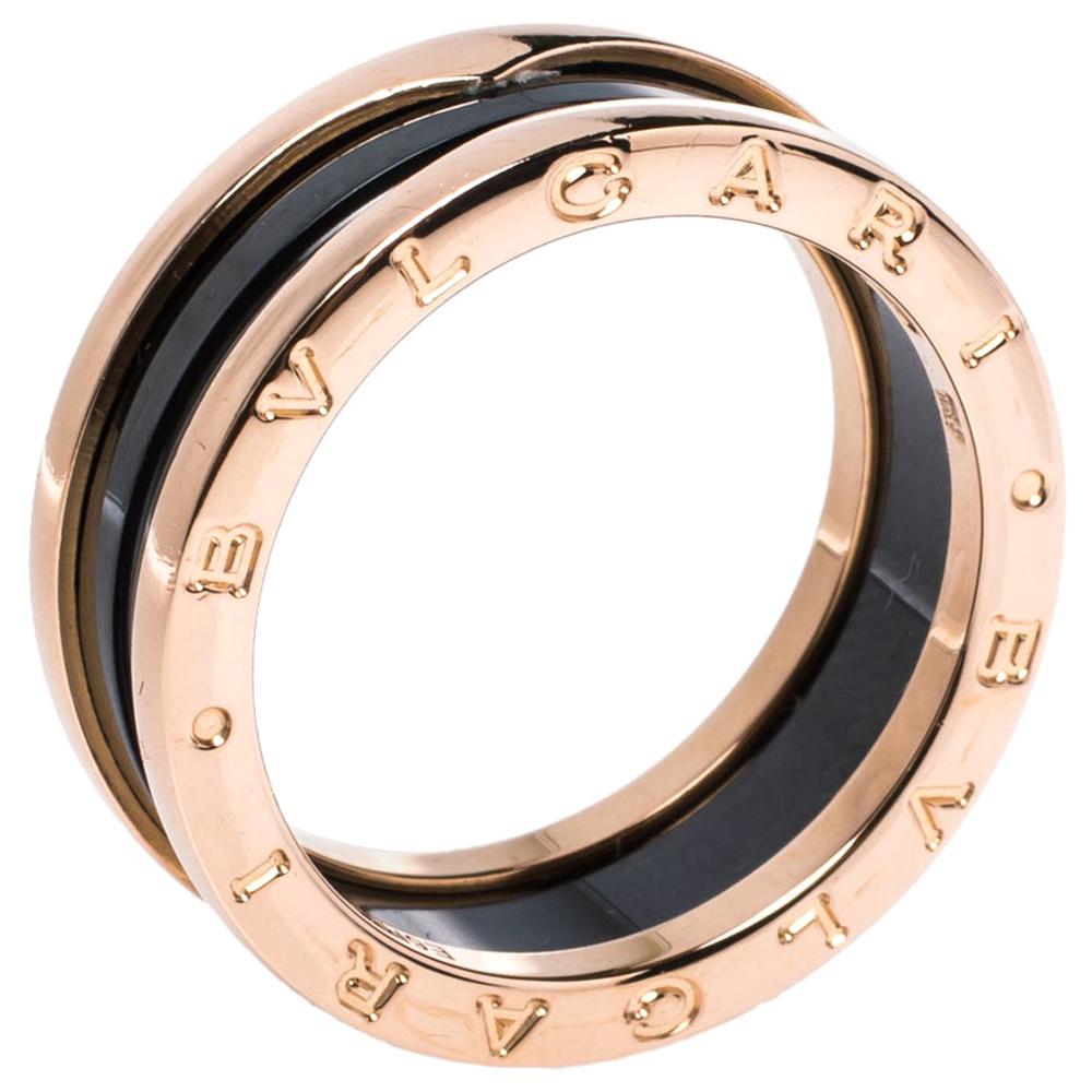 Bvlgari B.Zero1 Black Ceramic 18K Rose Gold 2-Band Ring Size 62 