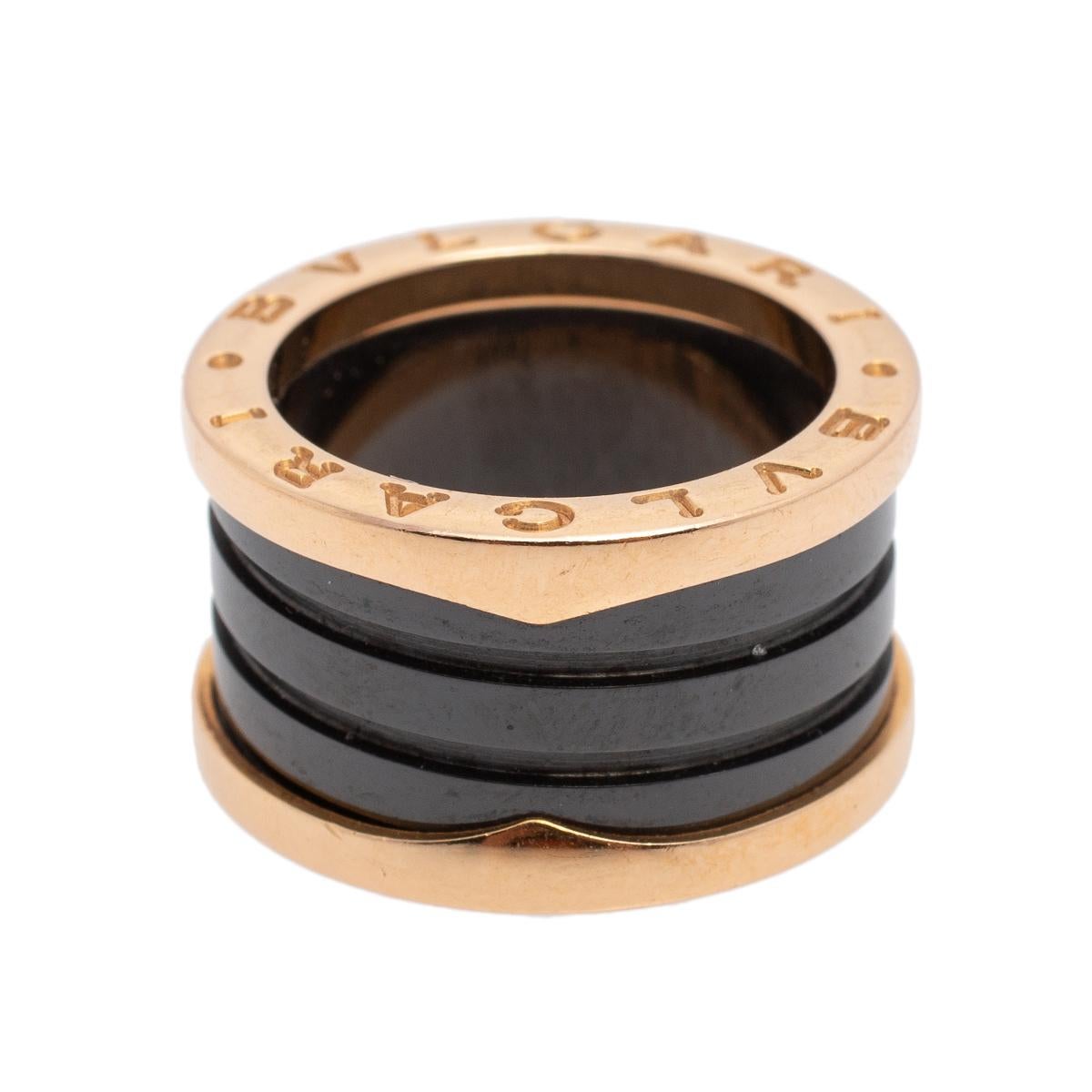 Unique and modern, this charming B.Zero1 band ring is from one of Bvlgari's iconic collections. Beautifully crafted from 18k rose gold and black ceramic in a four-band style, it is engraved with the BVLGARI logo. Inspired by the Colosseum, this ring