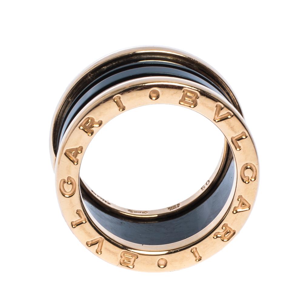 Contemporary Bvlgari B.Zero1 Black Ceramic 18K Rose Gold 4-Band Ring Size 50