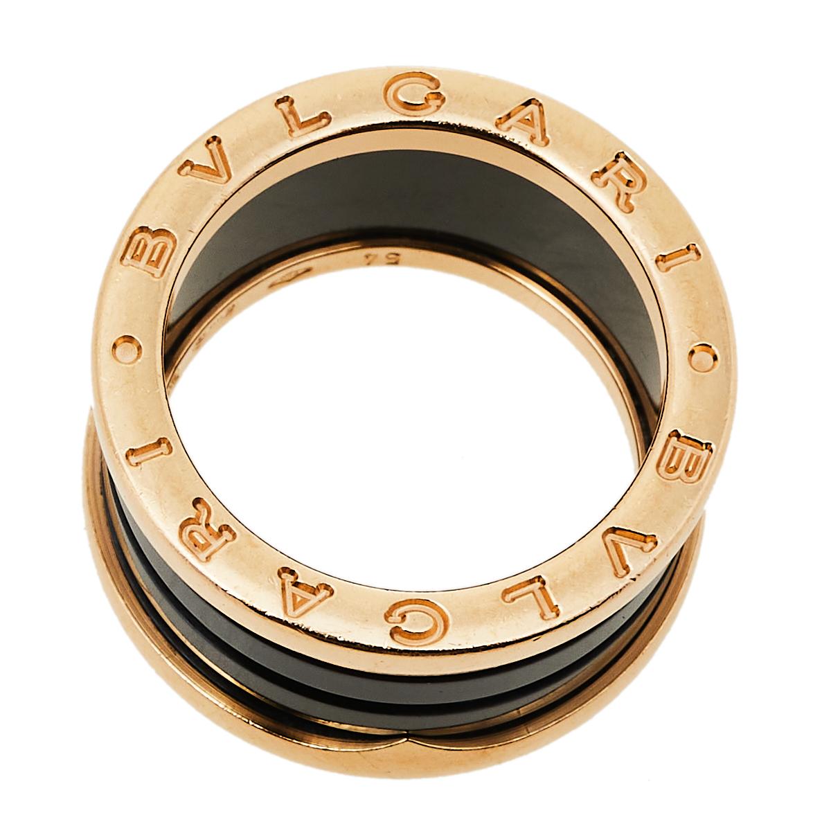 Contemporary Bvlgari B.Zero1 Black Ceramic 18K Rose Gold 4-Band Ring Size 54