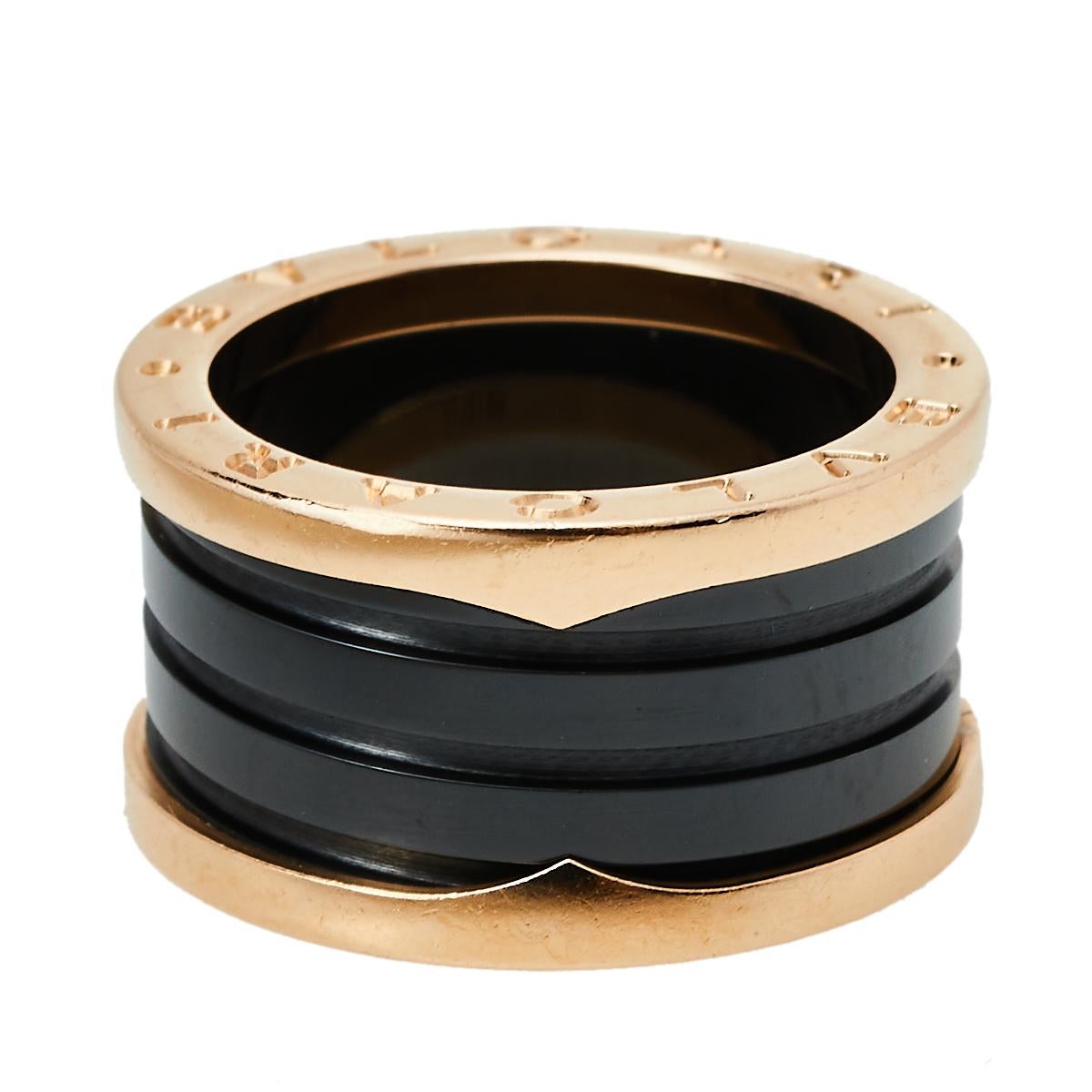 Bvlgari B.Zero1 Black Ceramic 18K Rose Gold 4-Band Ring Size 54 In Fair Condition In Dubai, Al Qouz 2
