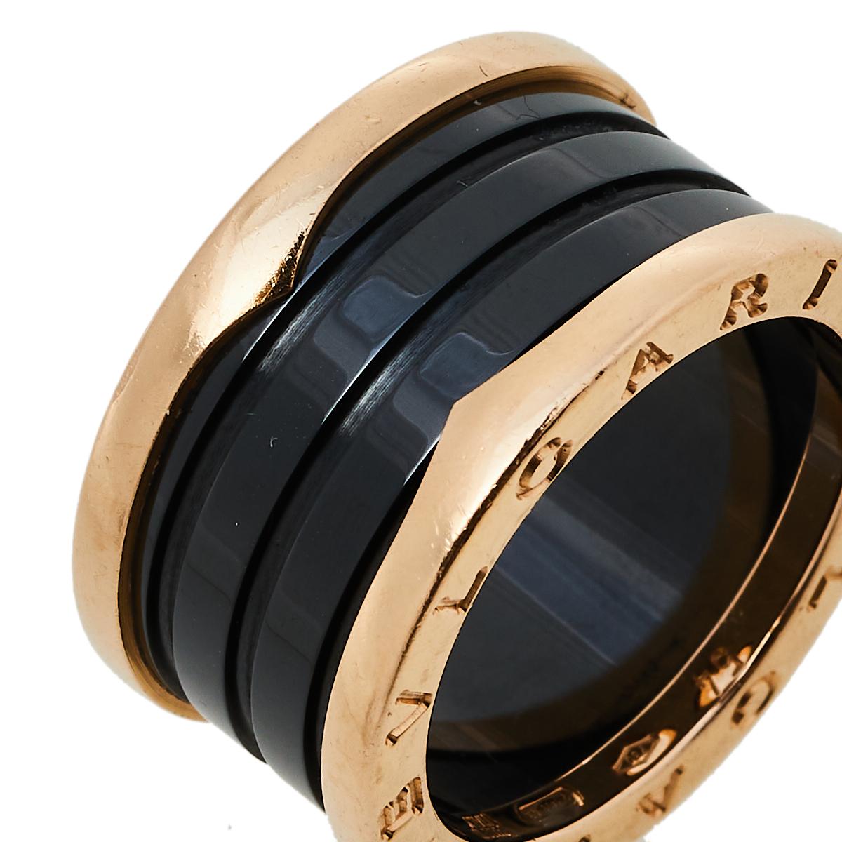Women's Bvlgari B.Zero1 Black Ceramic 18K Rose Gold 4-Band Ring Size 54