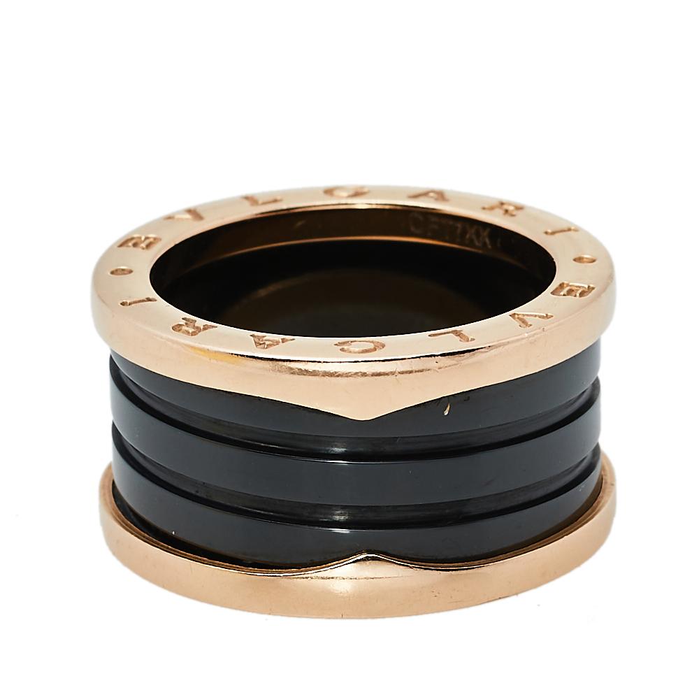 For the woman who has a refined taste in fine jewelry, Bvlgari brings her this immaculately crafted ring that has been made to be praised. Crafted from 18k rose gold, this Bvlgari B.Zero1 ring features four black ceramic bands stacked on one