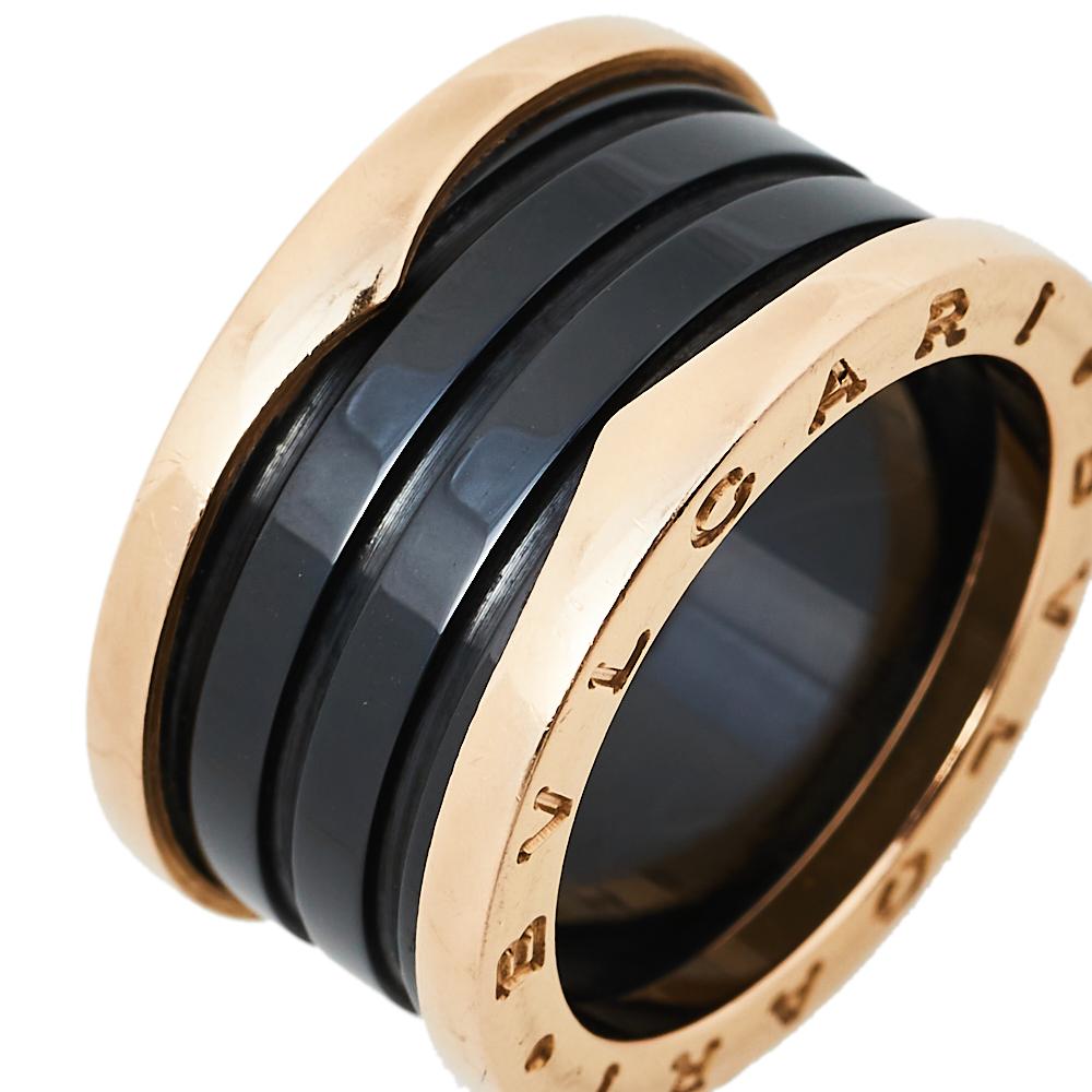 Contemporary Bvlgari B.Zero1 Black Ceramic 18K Rose Gold 4-Band Ring Size 55