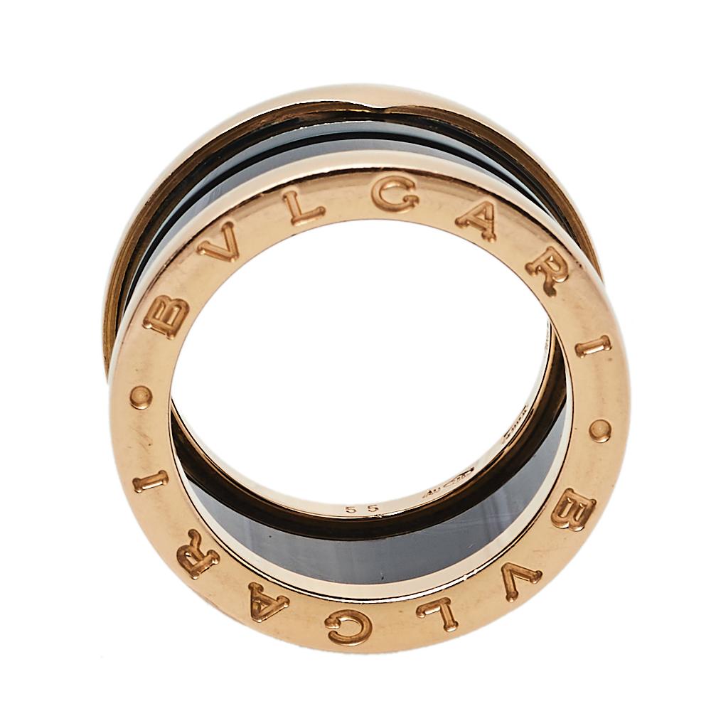 Bvlgari B.Zero1 Black Ceramic 18K Rose Gold 4-Band Ring Size 55 In Fair Condition In Dubai, Al Qouz 2