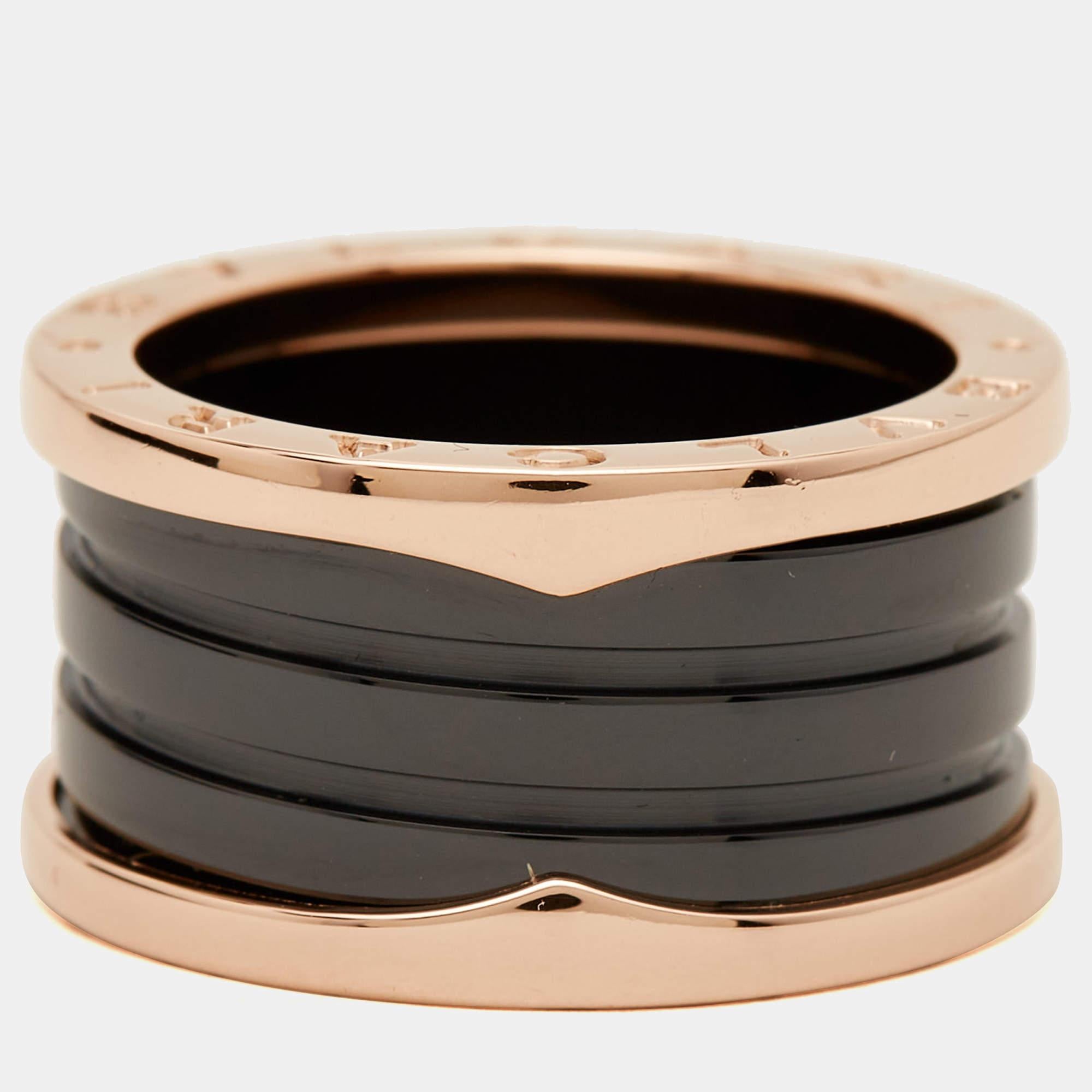 Unique and modern, this charming B.Zero1 band ring is from one of Bvlgari's iconic collections. Beautifully crafted from 18k rose gold and black ceramic, the ring has a stack of 4 bands. Inspired by the Colosseum, this ring merges exceptional