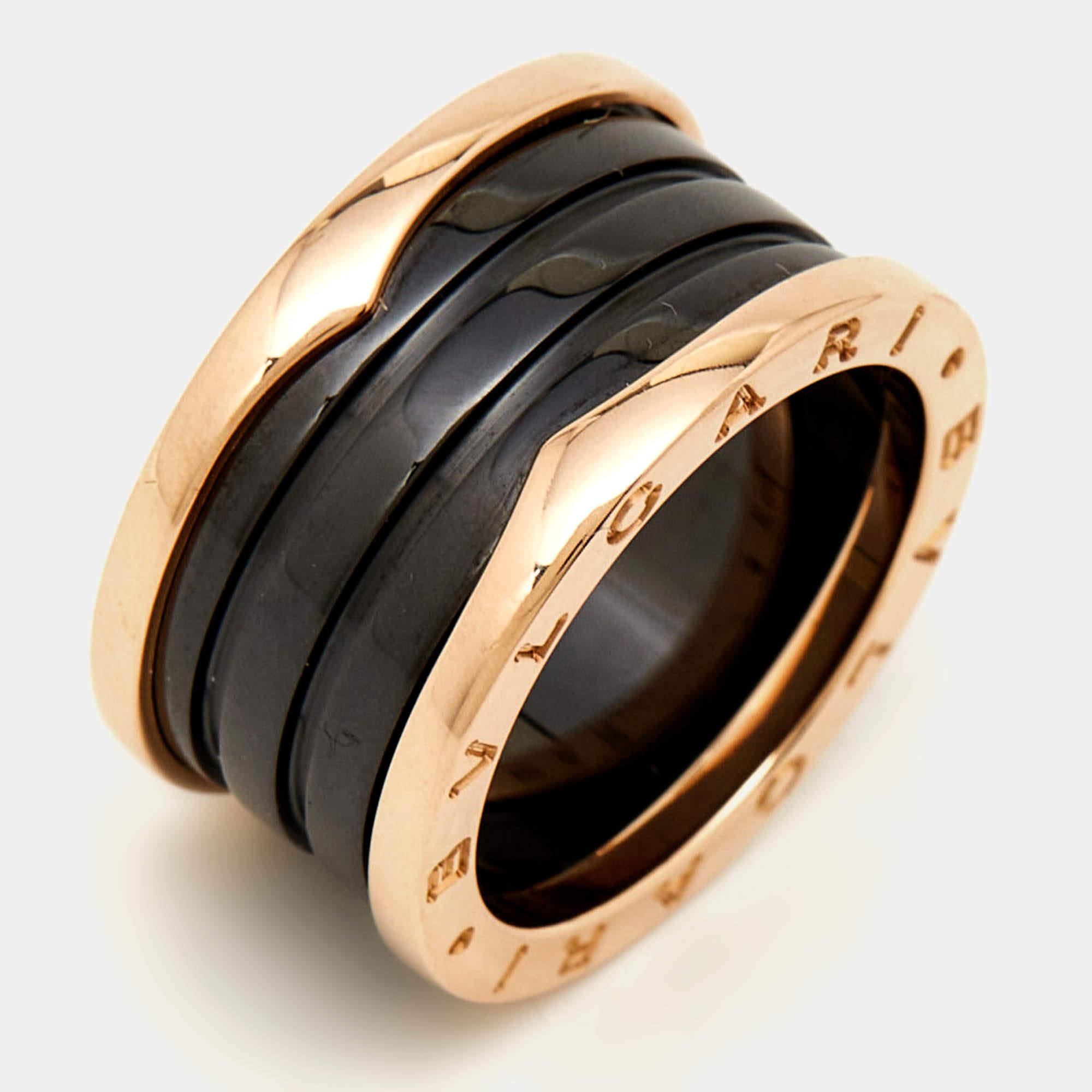 Women's Bvlgari B.Zero1 Black Ceramic 18k Rose Gold 4 Band Ring Size 56 For Sale