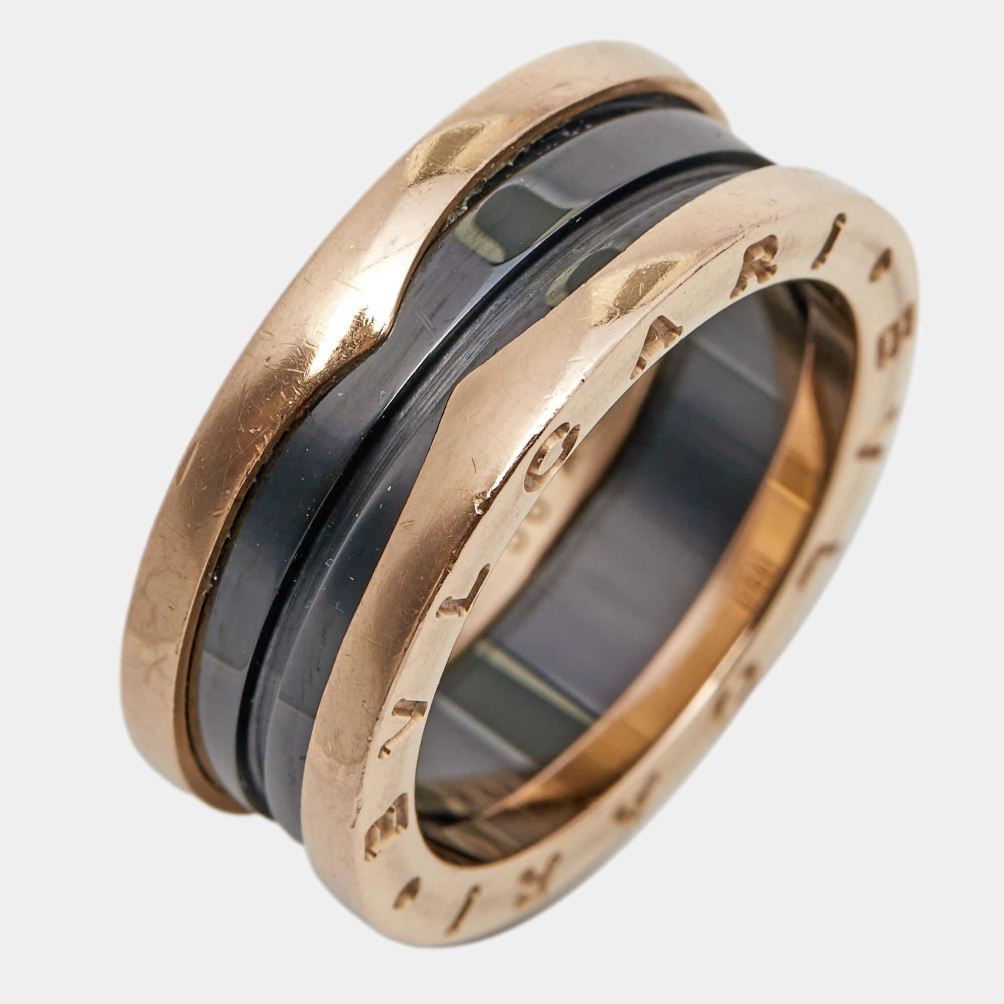 Bvlgari B.Zero1 Black Ceramic 18K Rose Gold Two-Band Ring Size 56 In Fair Condition In Dubai, Al Qouz 2