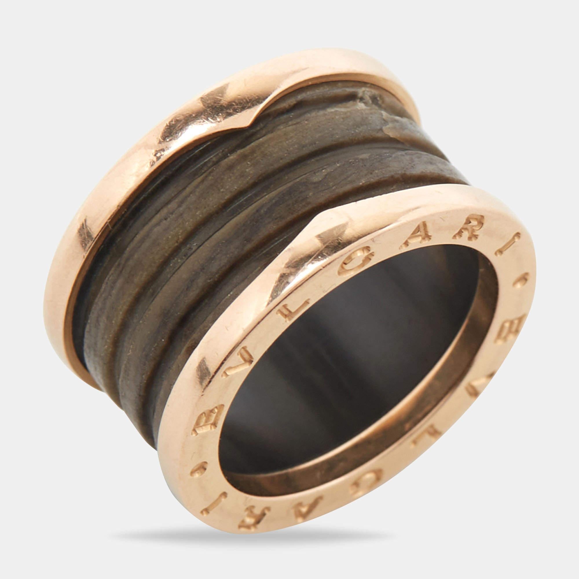 Bvlgari B.Zero1 Brown Marble 18K Rose Gold 4-Band Ring Size 52 In Fair Condition In Dubai, Al Qouz 2