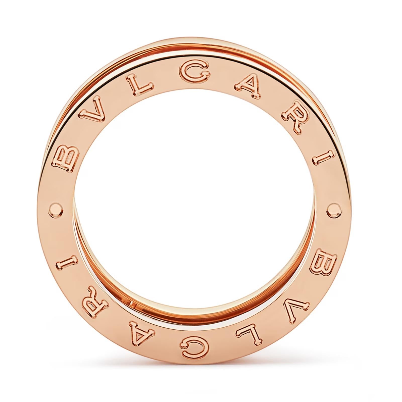 Brand: Bvlgari

Collection: B.Zero1 (Zaha Hadid design)

Style: 3 Band Ring​​​​​​​

Metal: Rose Gold 

Metal Purity: 18K

Ring Size: 7.25 

Total Weight: 13.0 g​​​​​​​

Includes: 24 Month Brilliance Jewels Warranty 

                Bvlgari Box