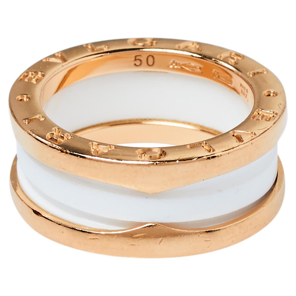 For the woman who has a refined taste in fine jewelry, Bvlgari brings her this immaculately crafted ring that has been made to be praised. The ring has a rather modern style of two bands in 18k rose gold and white ceramic. It is a beautiful creation