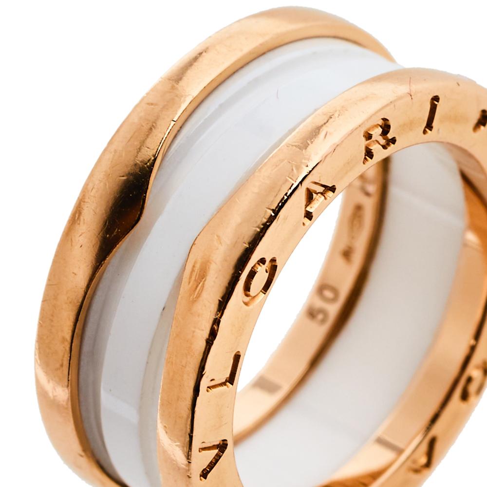 Bvlgari B.Zero1 Ceramic 18K Rose Gold Two Band Ring Size 50 In Good Condition In Dubai, Al Qouz 2