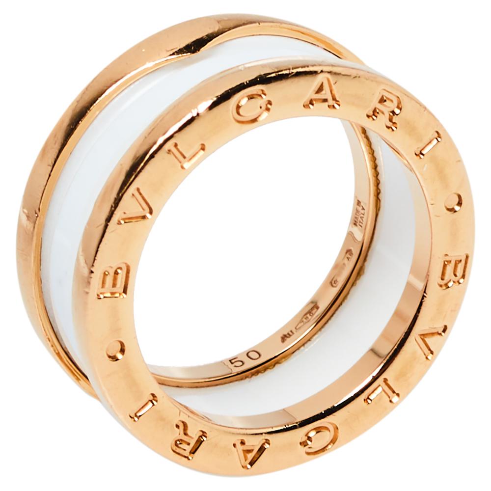 Women's Bvlgari B.Zero1 Ceramic 18K Rose Gold Two Band Ring Size 50