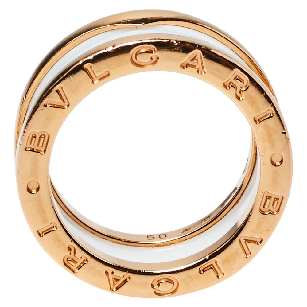 Bvlgari B.Zero1 Ceramic 18K Rose Gold Two Band Ring Size 50