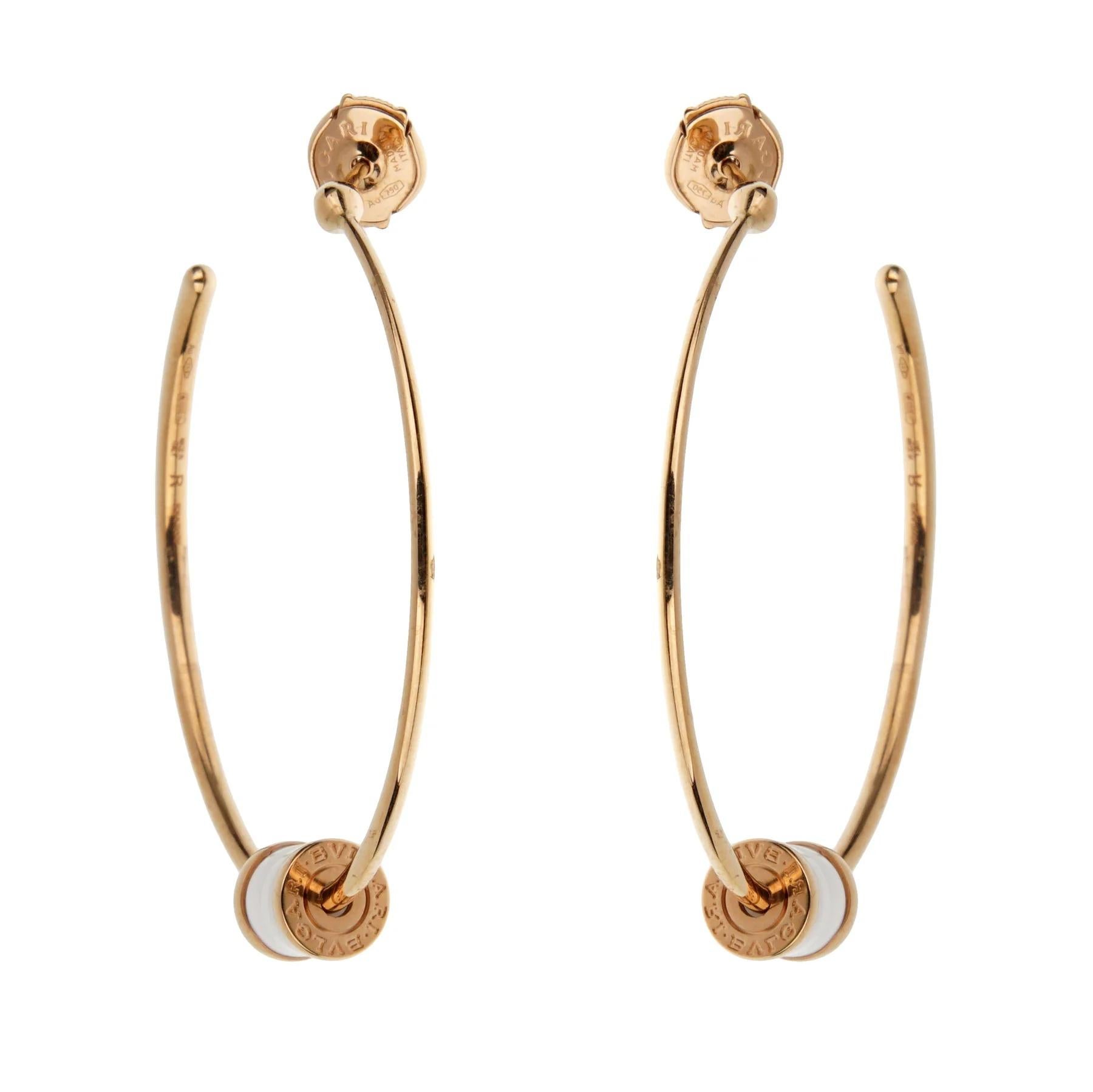 Bvlgari B.zero1 Ceramic Rose Gold Hoop Earrings In Excellent Condition For Sale In Feasterville, PA