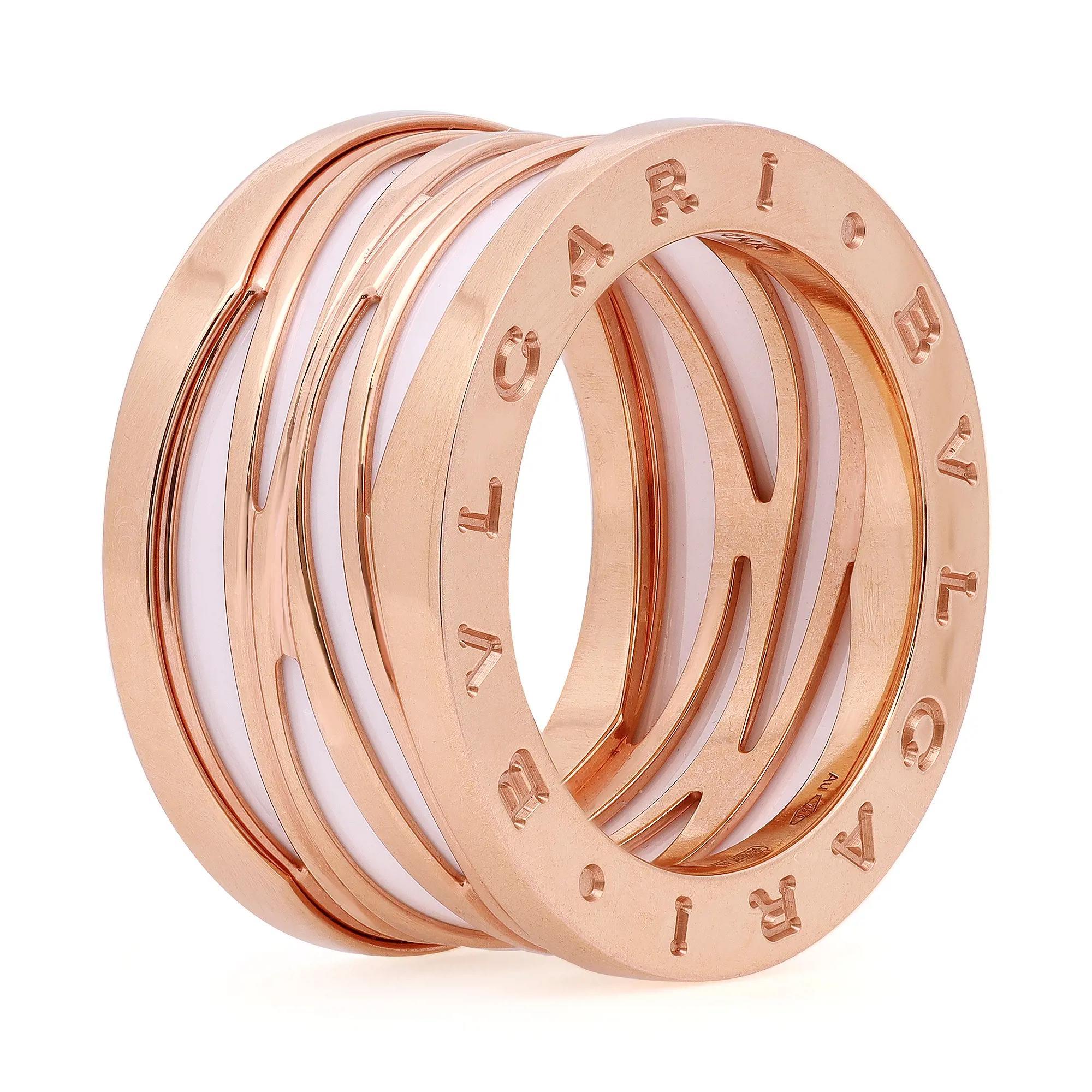 B.zero1 Design Legend jewelry is a perfect collision of modernity and tradition. Crafted in fine 18K rose gold. It features a clean modern four band ring inlaid with white ceramic and engraved with BVLGARI logo on both sides. This ring makes a great