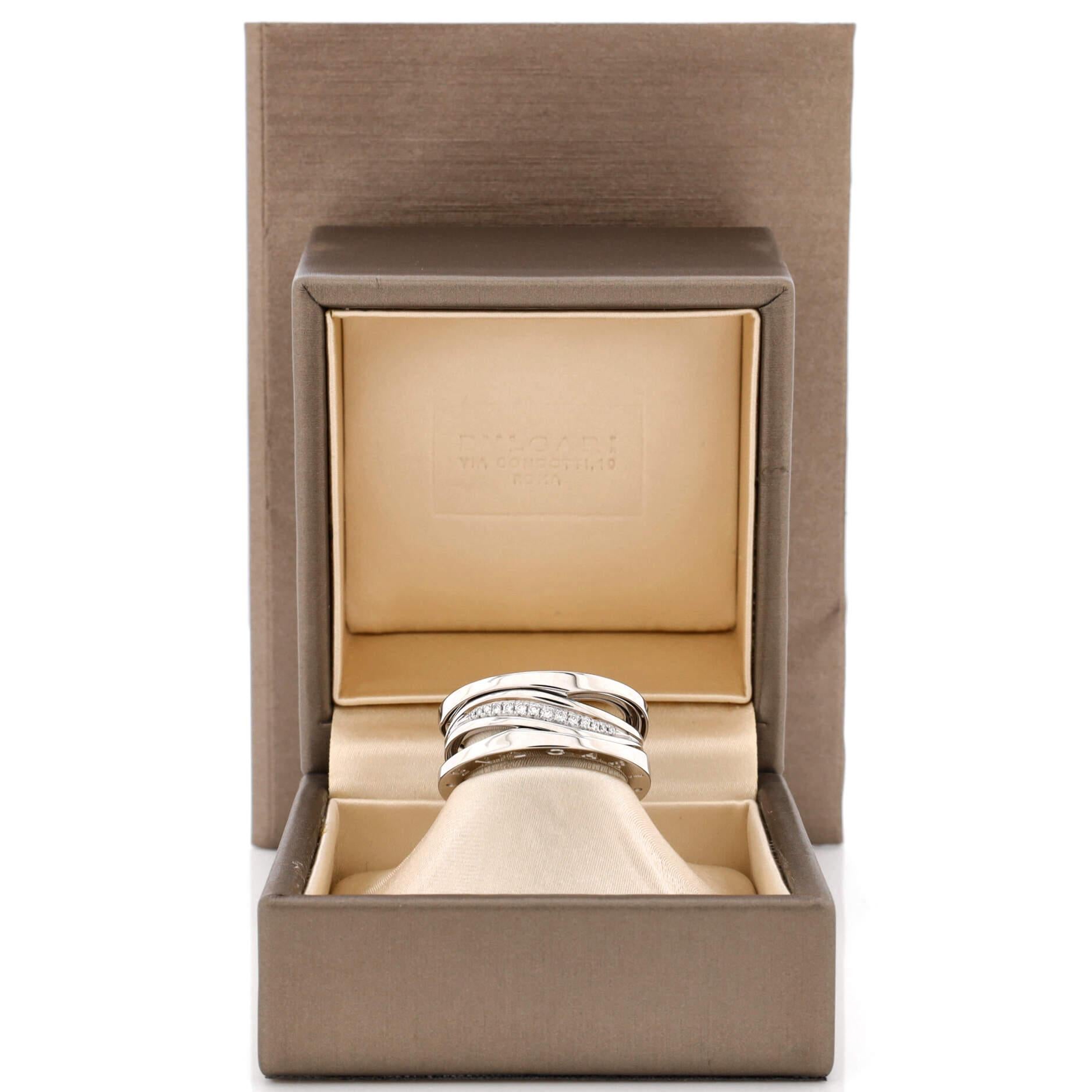 Condition: Excellent. Faint wear throughout.
Accessories: No Accessories
Measurements: Size: 8.75 - 59, Width: 9.40 mm
Designer: Bvlgari
Model: B.Zero1 Design Legend Zaha Hadid Three Band Ring 18K White Gold with Diamonds
Exterior Color: White