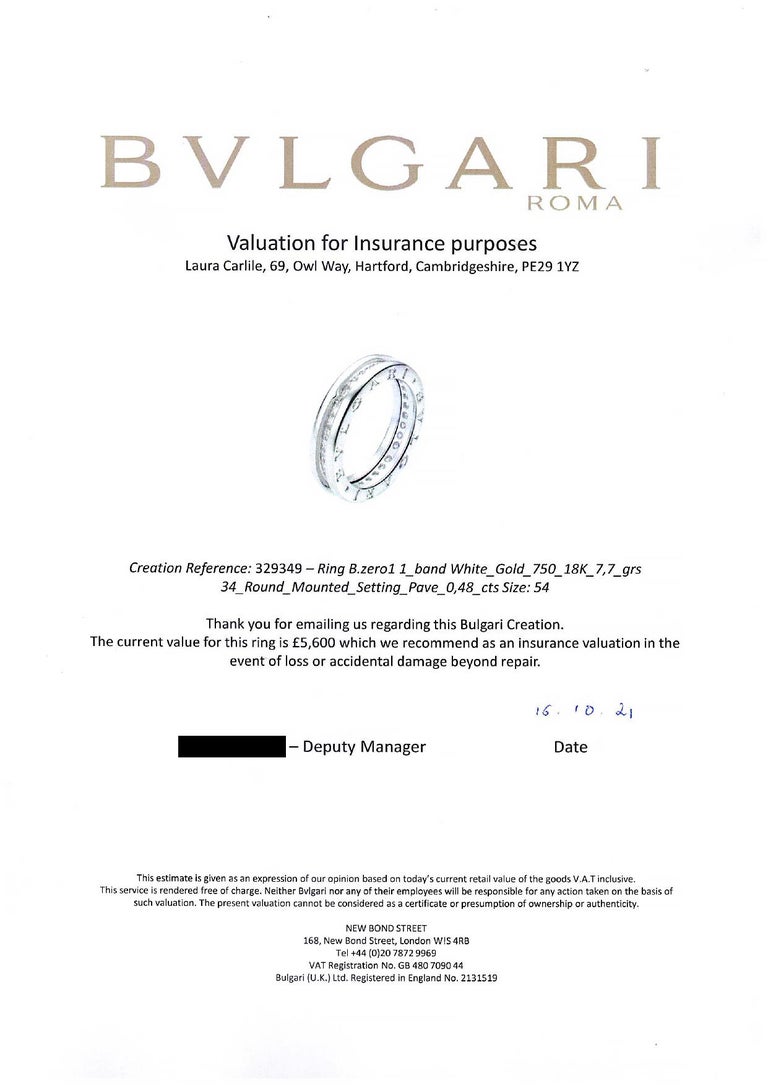Women's or Men's Bvlgari B.zero1 Diamond 18 Carat White Gold Band Ring For Sale
