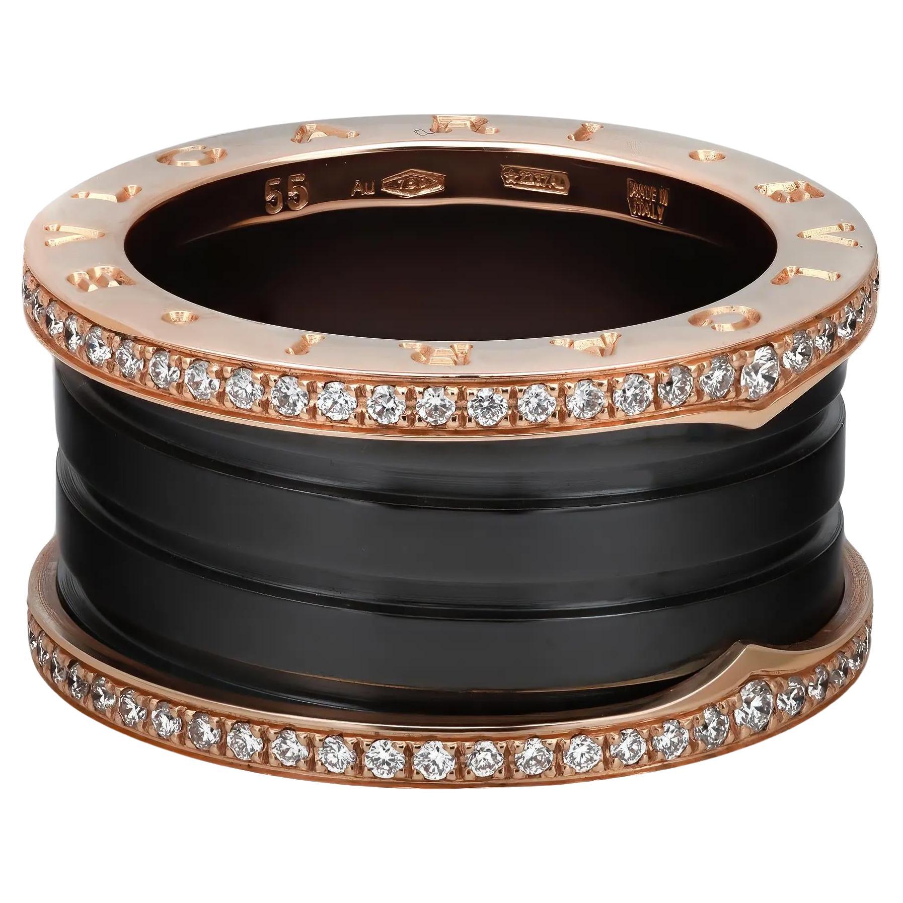 Bvlgari B.Zero1 Bague à quatre anneaux en céramique noire et or rose 18 carats avec diamants 55 US 7 en vente