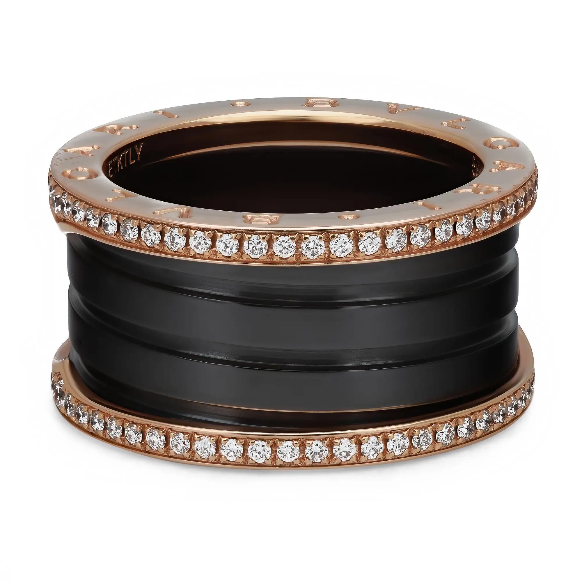 Moderne Bvlgari B.Zero1 Bague à quatre anneaux en céramique noire et or rose 18 carats avec diamants 56 US 7,5 en vente
