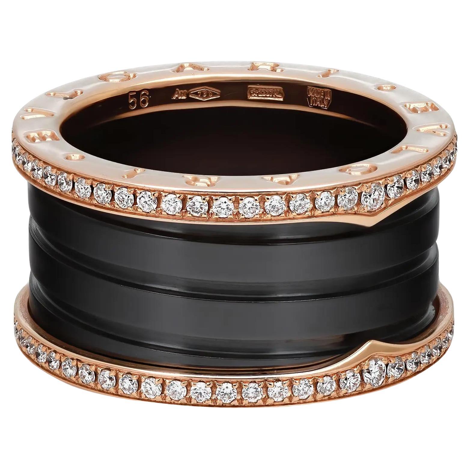 Bvlgari B.Zero1 Bague à quatre anneaux en céramique noire et or rose 18 carats avec diamants 56 US 7,5 en vente