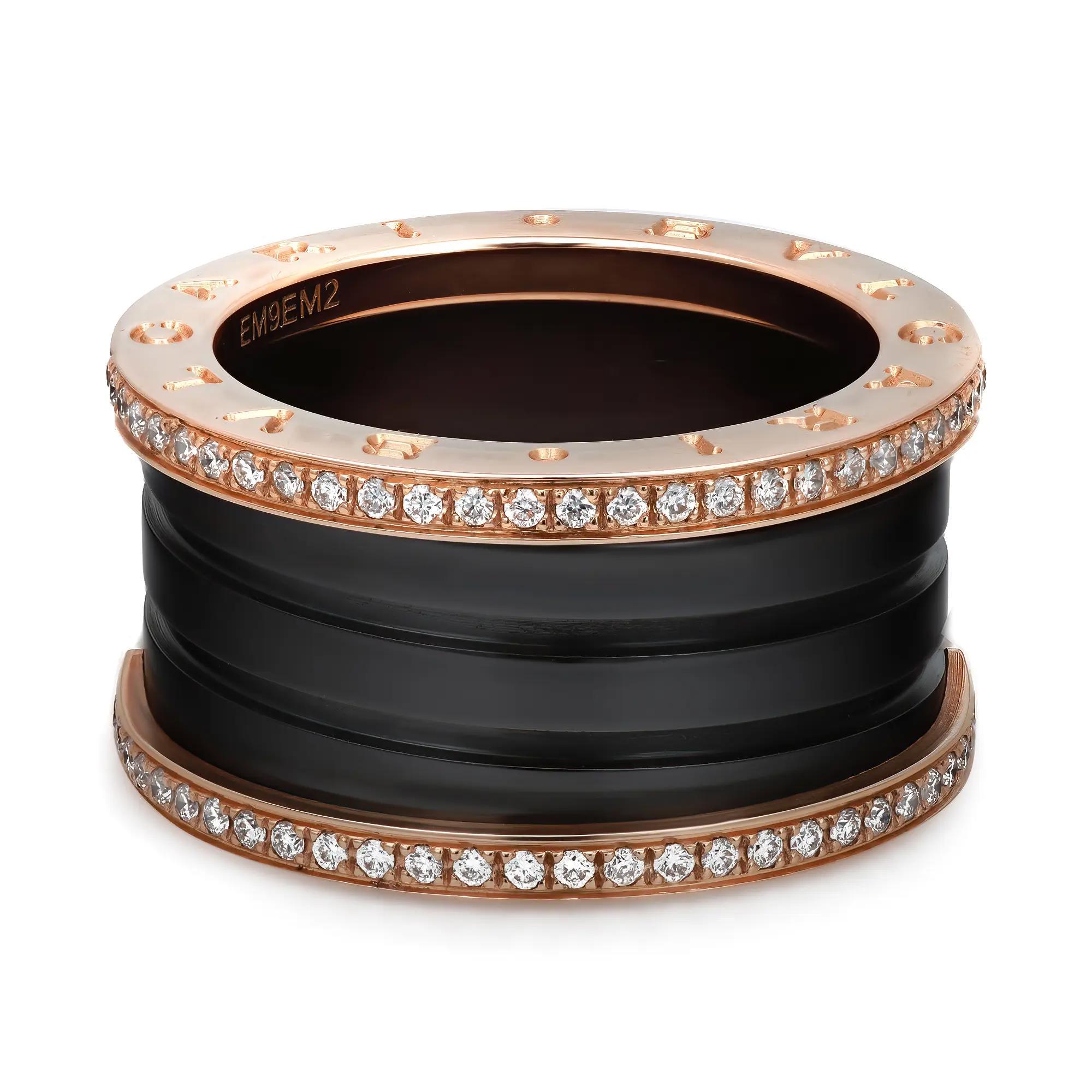 From the Bvlgari B.zero1 collection, this beautiful four-band ring is crafted in a lustrous 18K rose gold. It features a distinctive four-band spiral ring with black ceramic and pavé set round brilliant cut diamonds on the rims with the BVLGARI logo