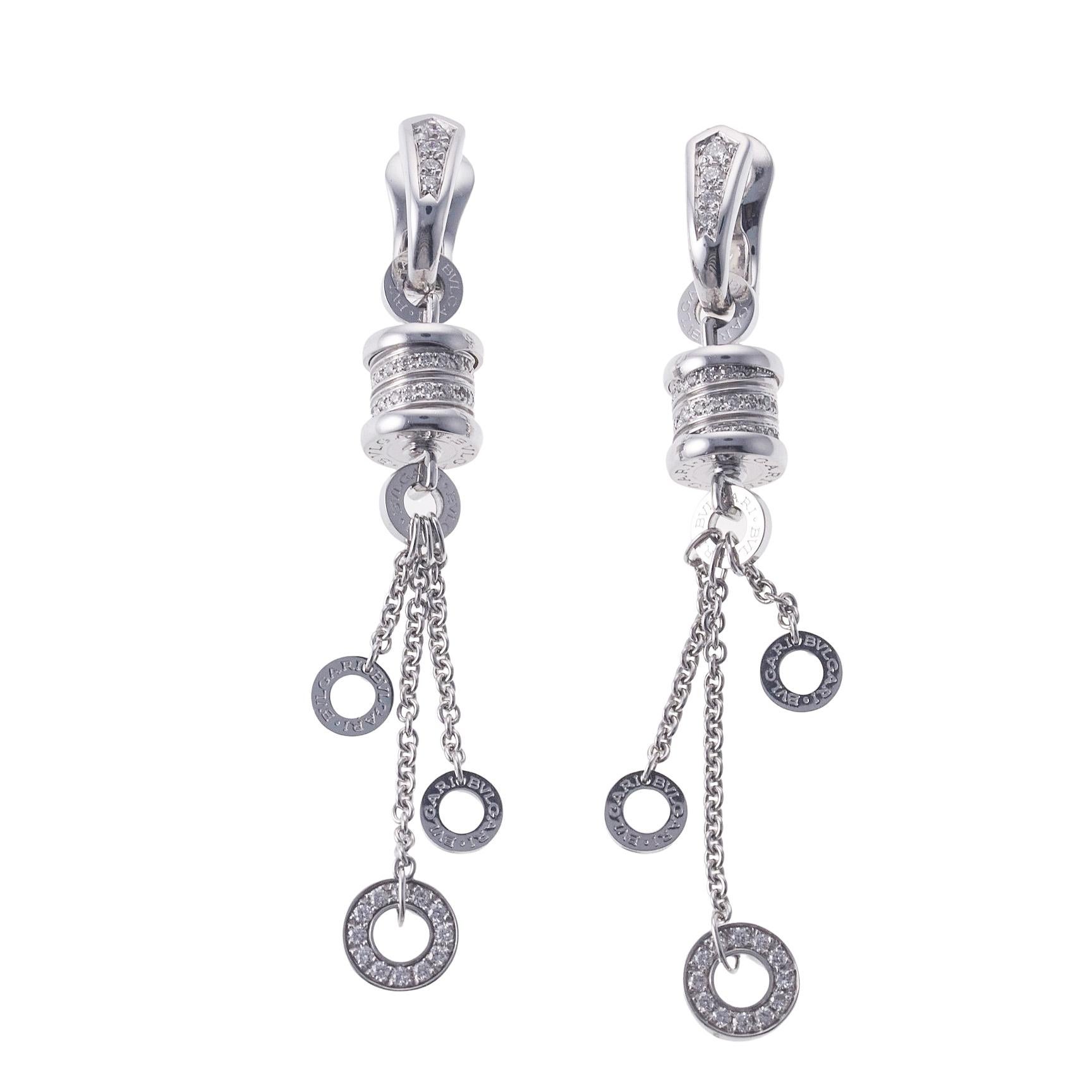 Pair of 18k white gold drop earrings by Bvlgari for B.Zero1 collection, set with approx. 0.84ctw in VS/G diamonds. Earrings measure 70mm long. Marked: Bvlgari, made in Italy, 750. Weight is 20.0 grams.