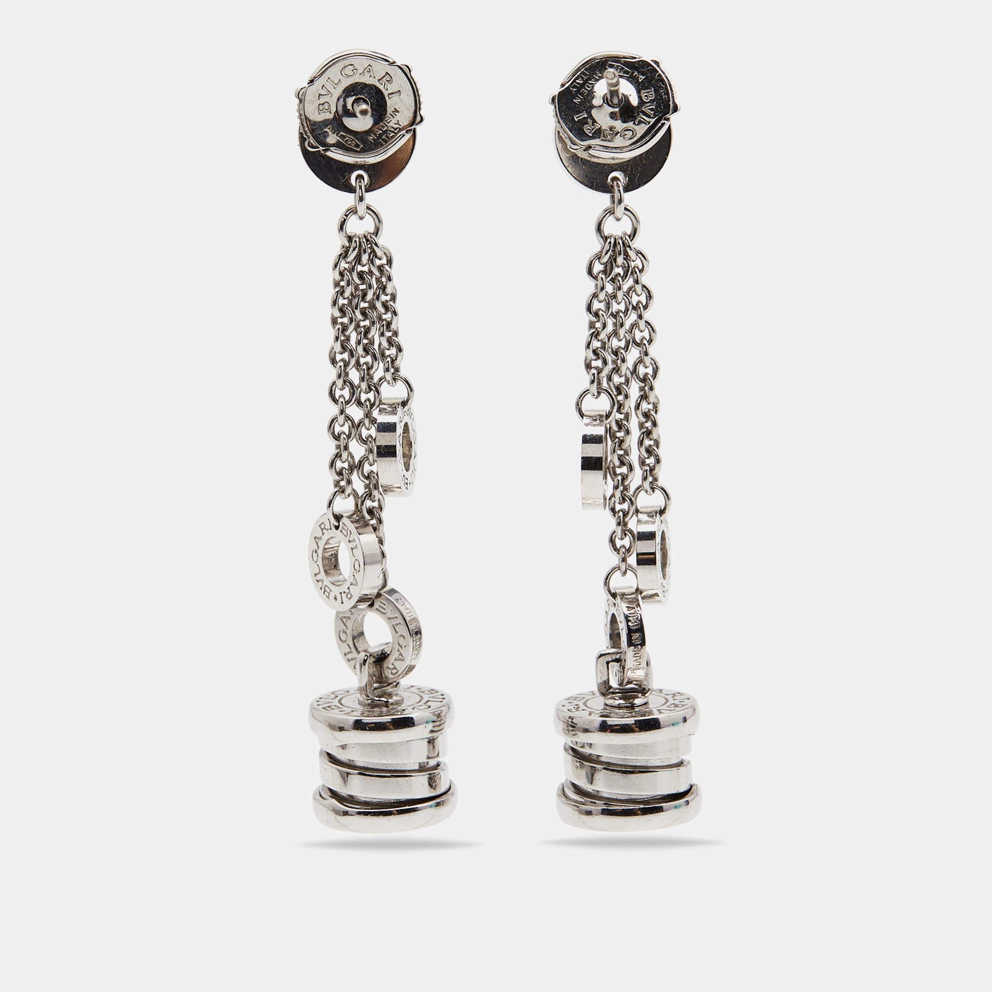 It is definitely Love at First Sight with this pair of Bvlgari earrings. Beautifully crafted from 18k white gold, the earrings are from the B.Zero1 collection. They have engraved rings, diamonds, and signature spiral motifs.

Includes
Authenticity