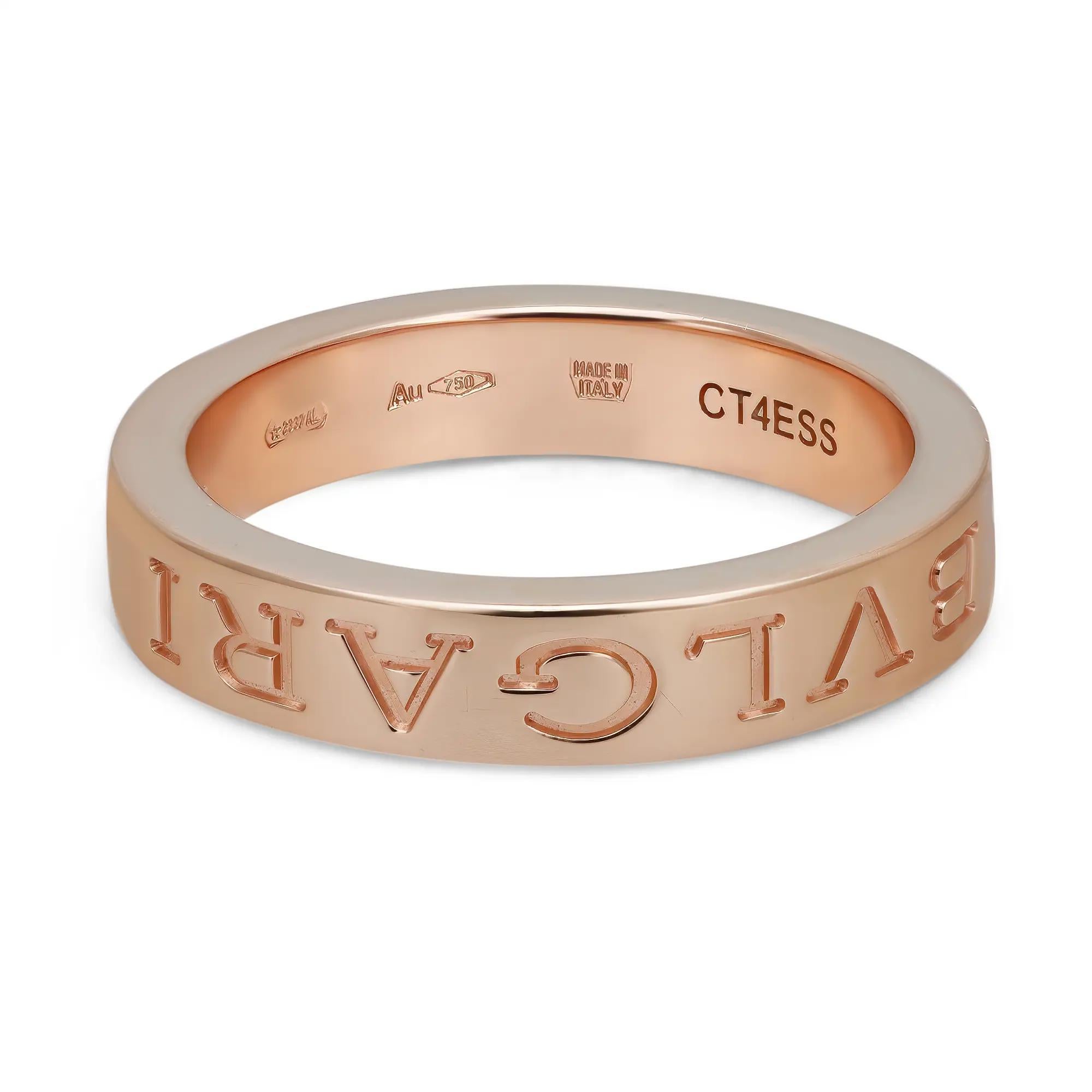 Bvlgari B.Zero1 Essential Diamond Band Ring featuring a center round cut diamond with engraved BVLGARI logo on both sides. Crafted in lustrous 18K rose gold. Ring size: 53 US 6.5. Width: 3.9mm. Diamond weight: 0.04 carat. Total weight: 6.76 grams.